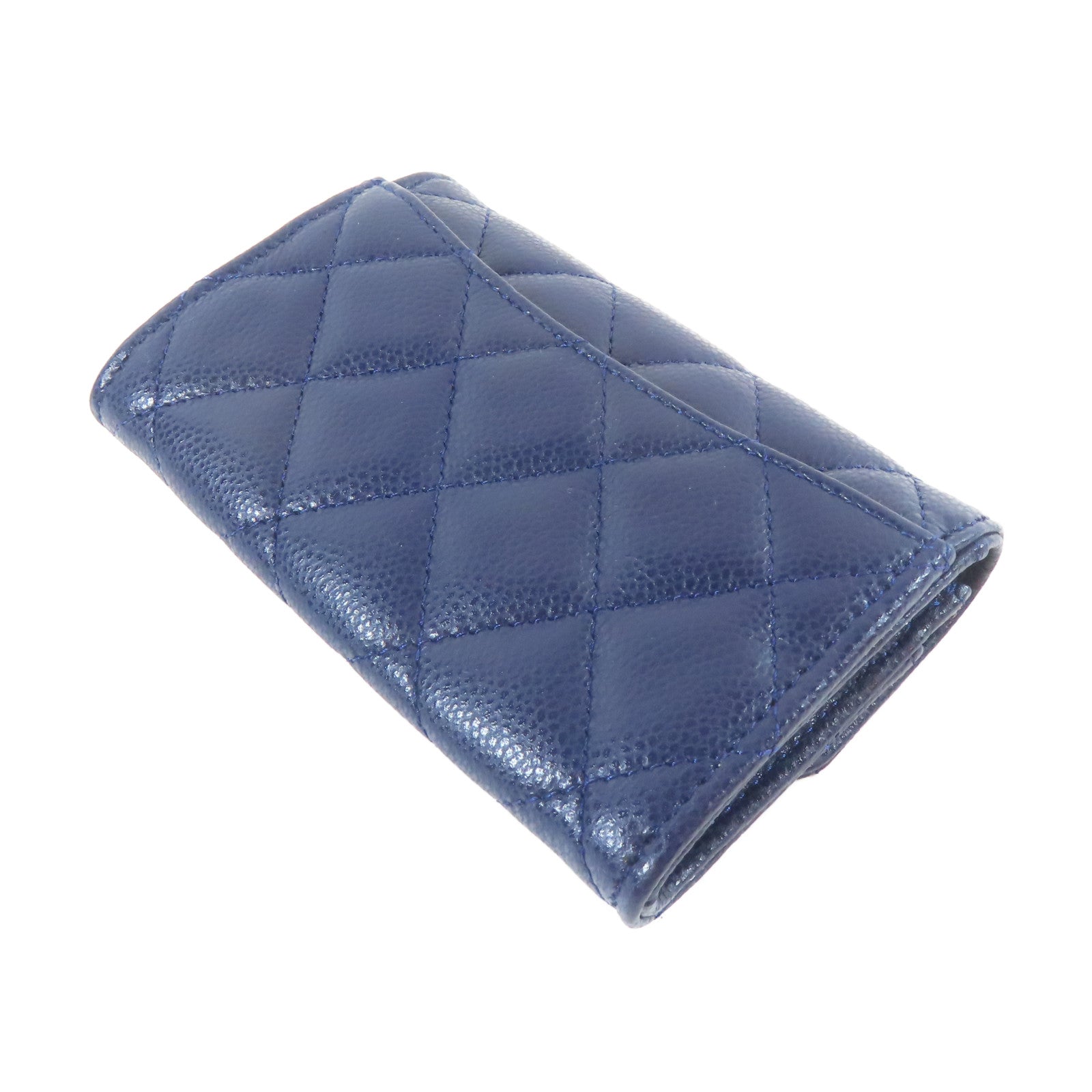CHANEL 菱格Caviar皮革Card Case銀扣藍色