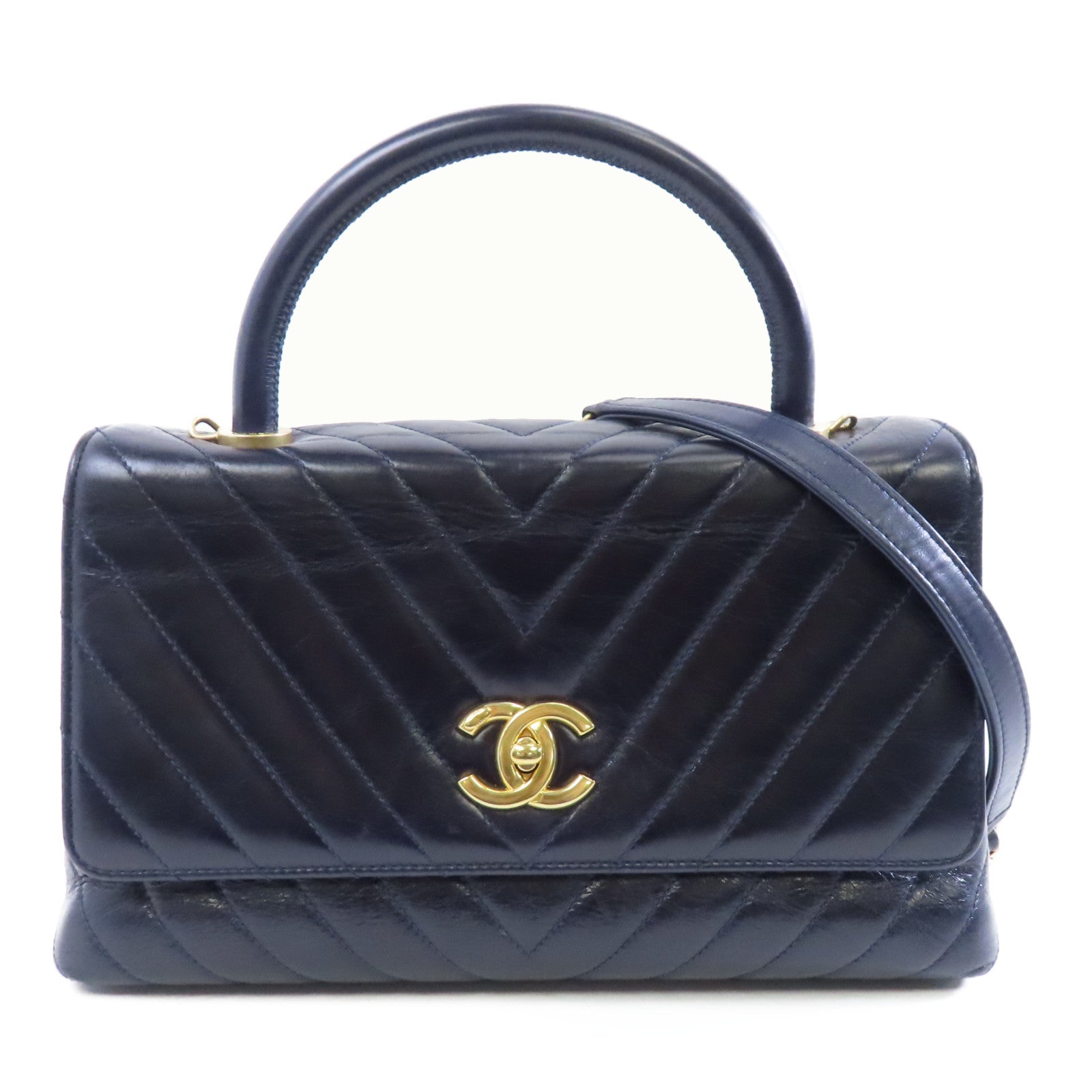 CHANEL 牛皮皮革CoCo Handle Midium金扣手挽肩背兩用袋藍色