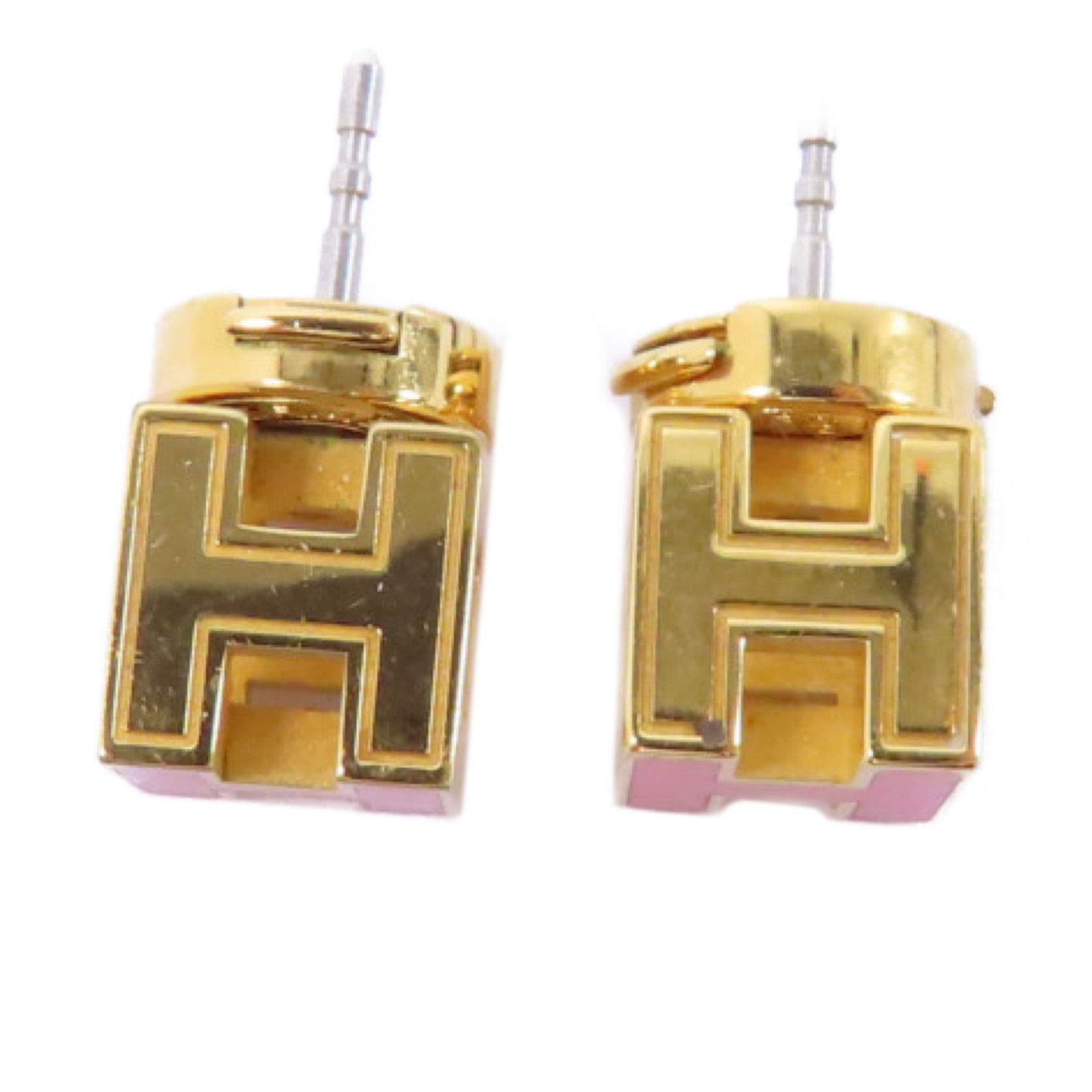 HERMES 金屬Cube H Earrings耳環金色/粉紅色