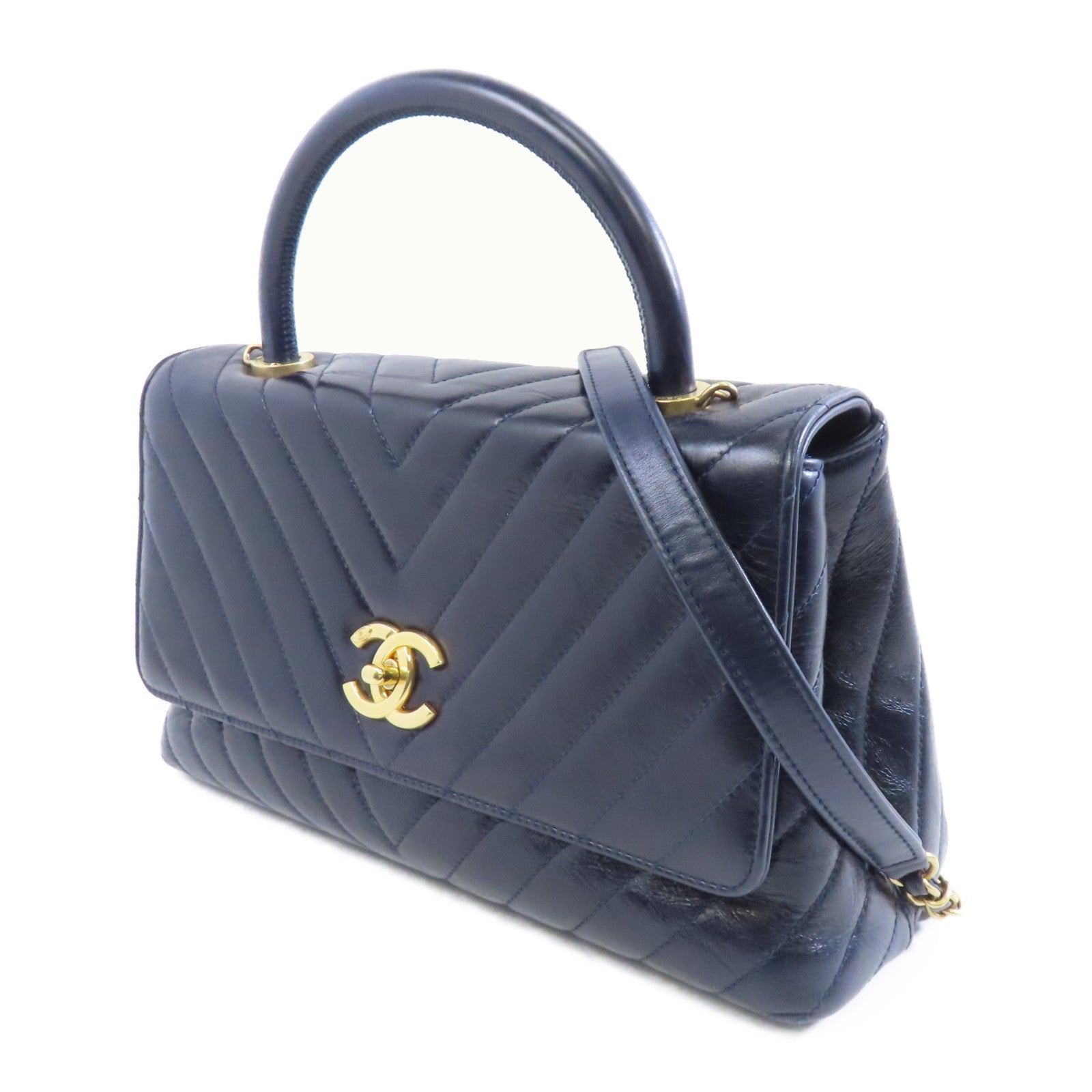 CHANEL 牛皮皮革CoCo Handle Midium金扣手挽肩背兩用袋藍色