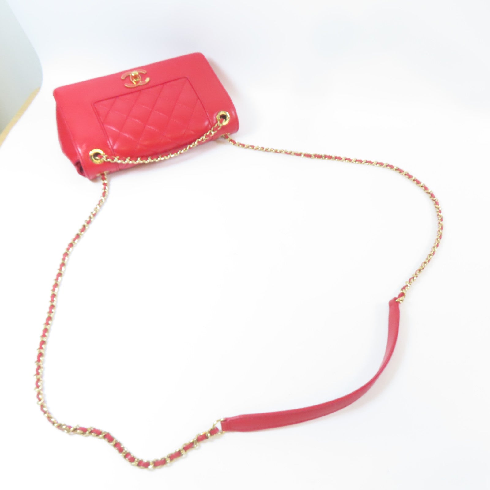 CHANEL 【激減優惠】菱格牛皮皮革Chain Shoulder金扣肩背袋紅色