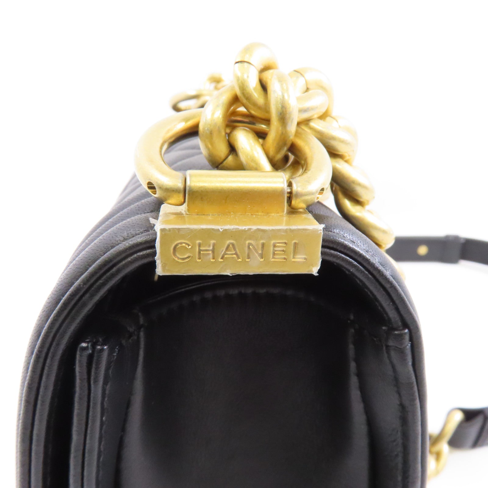 CHANEL 菱格皮革Boy 20cm金扣鏈帶肩背袋黑色