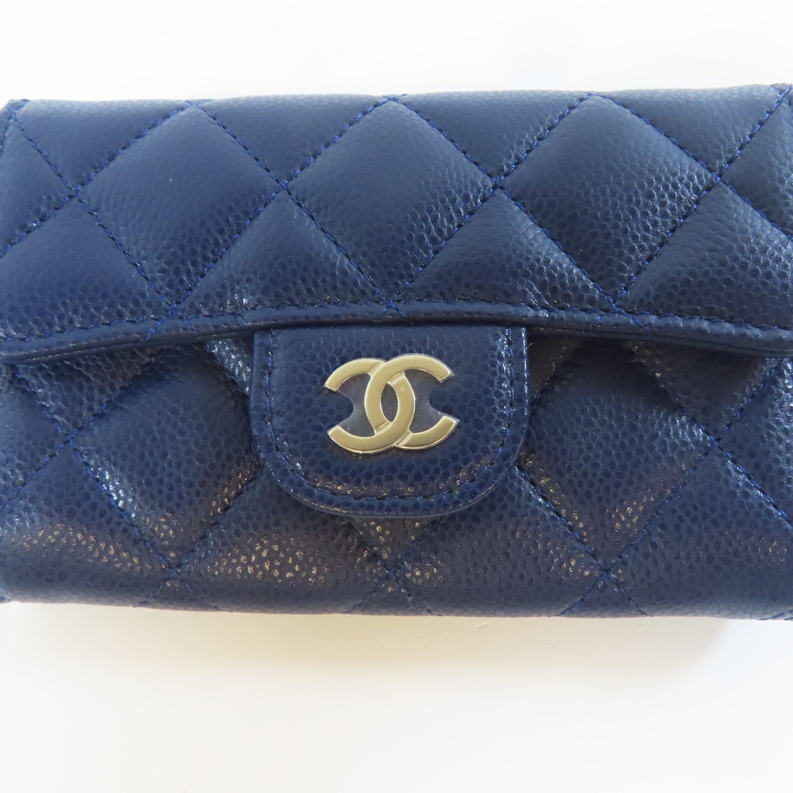 CHANEL 菱格Caviar皮革Card Case銀扣藍色