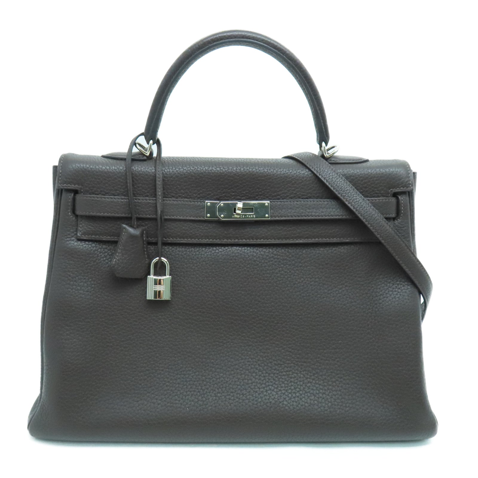 HERMES Clemence皮革Kelly35手挽肩背两用袋银扣啡色