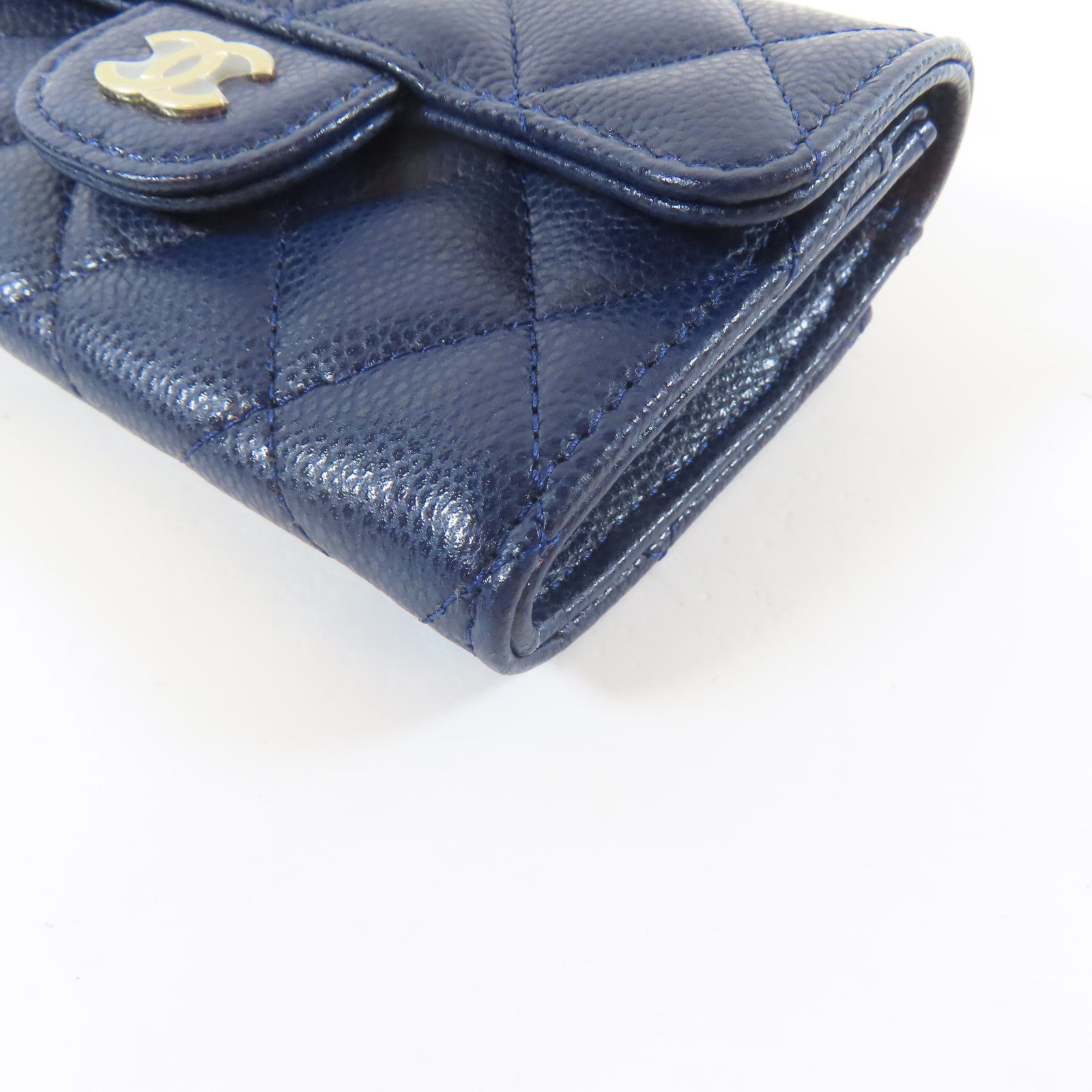 CHANEL 菱格Caviar皮革Card Case銀扣藍色