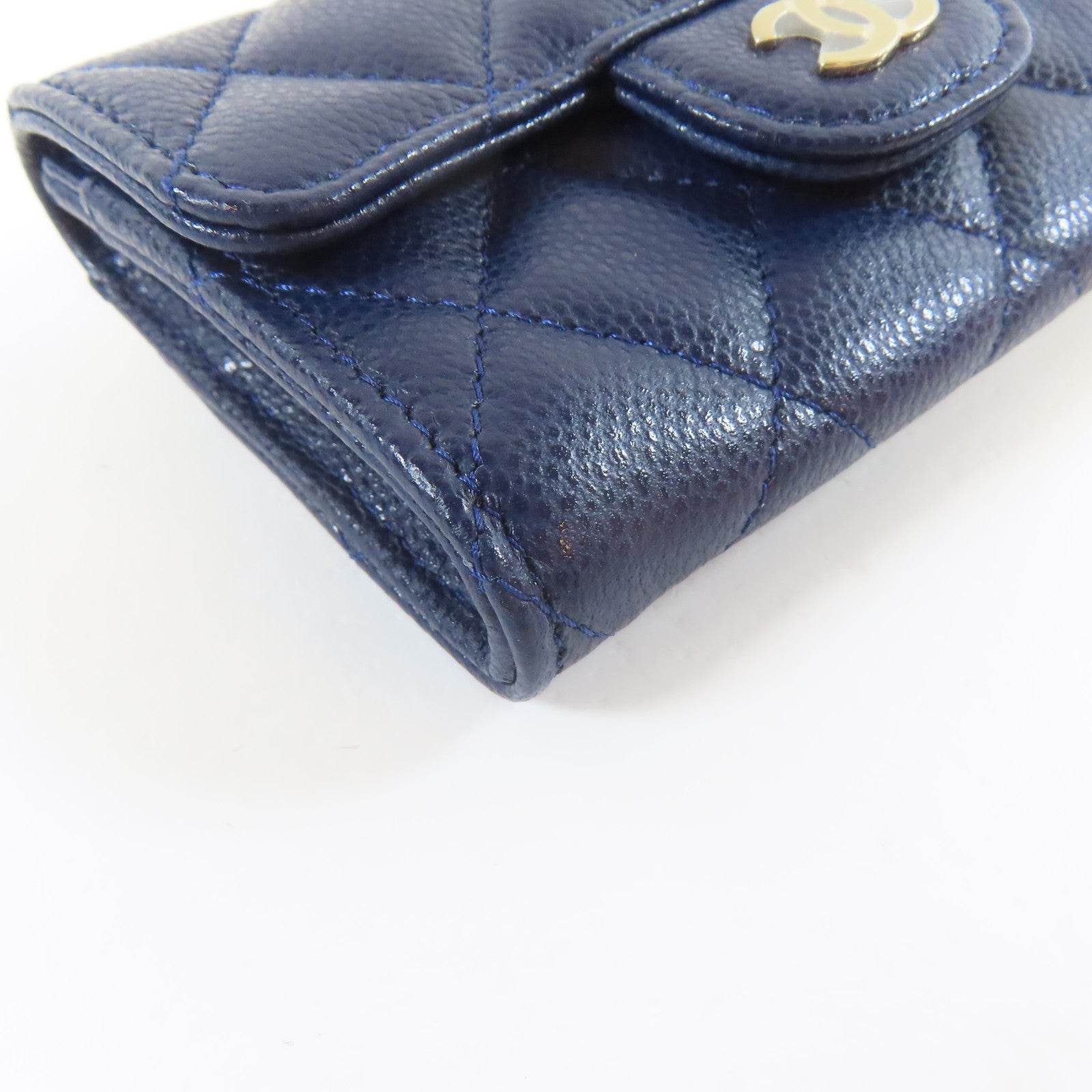 CHANEL 菱格Caviar皮革Card Case銀扣藍色
