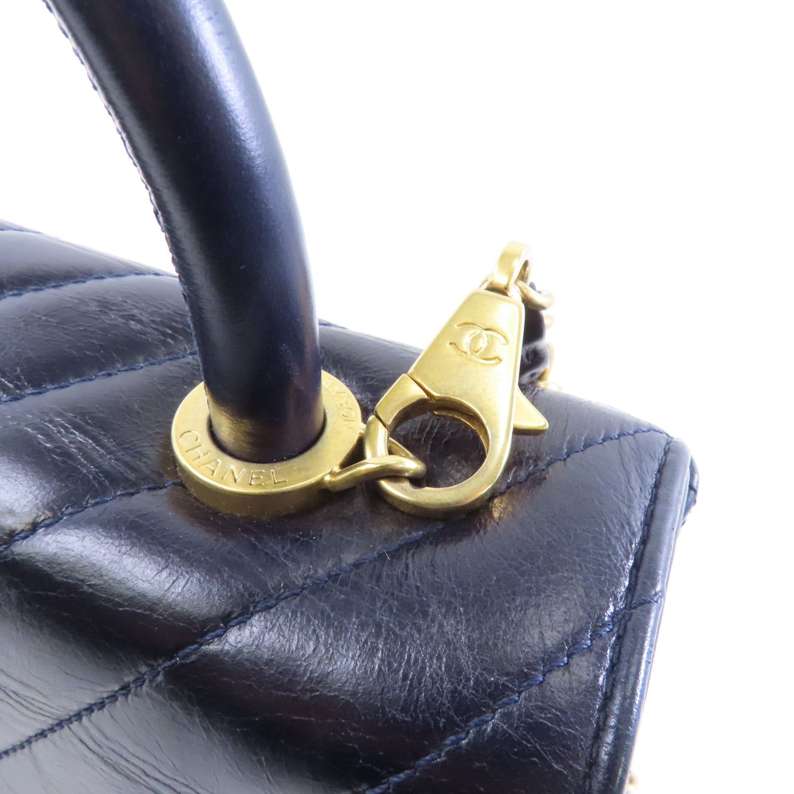 CHANEL 牛皮皮革CoCo Handle Midium金扣手挽肩背兩用袋藍色