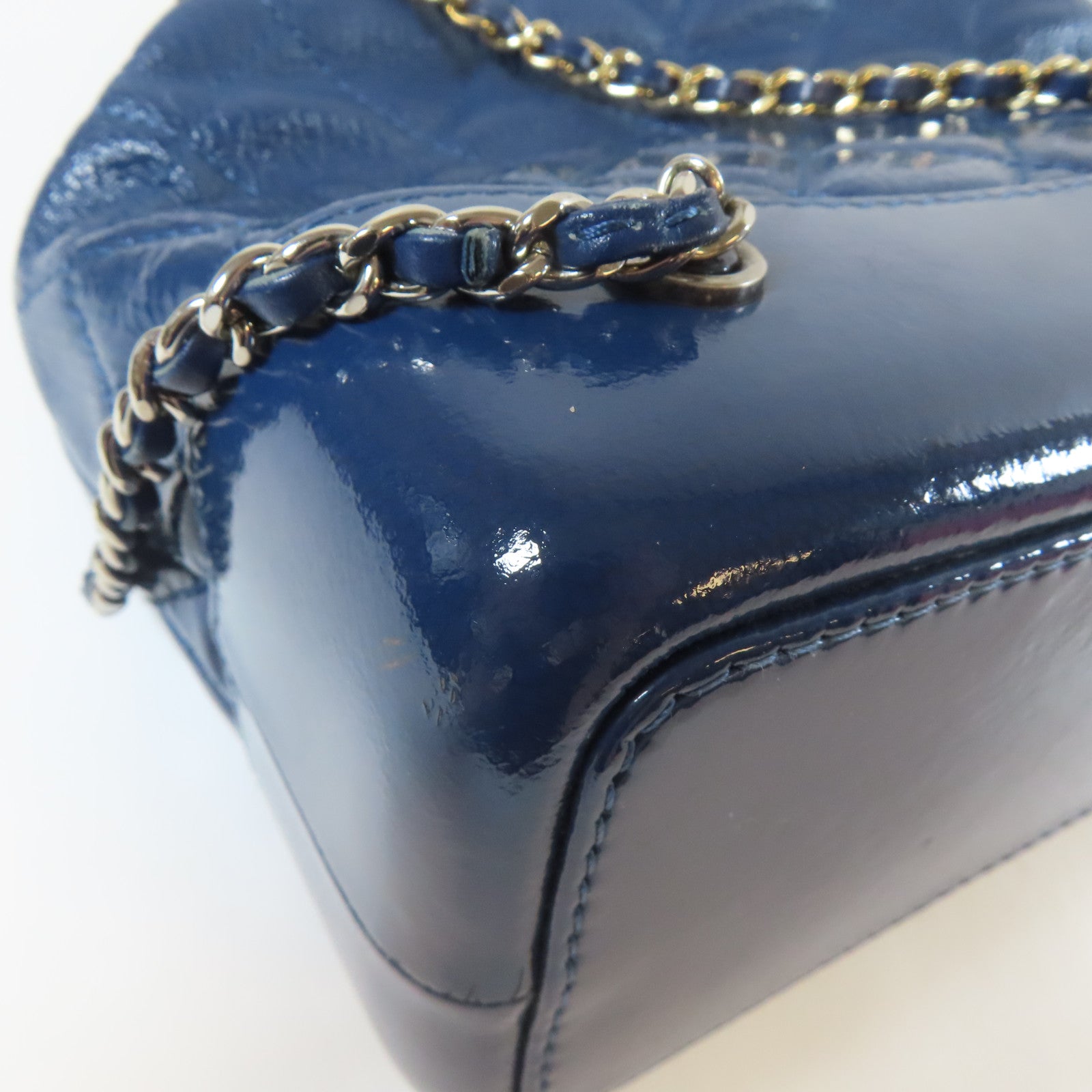 CHANEL 菱格牛皮皮革Gabrielle Backpack金扣/銀扣鏈帶背包藍色
