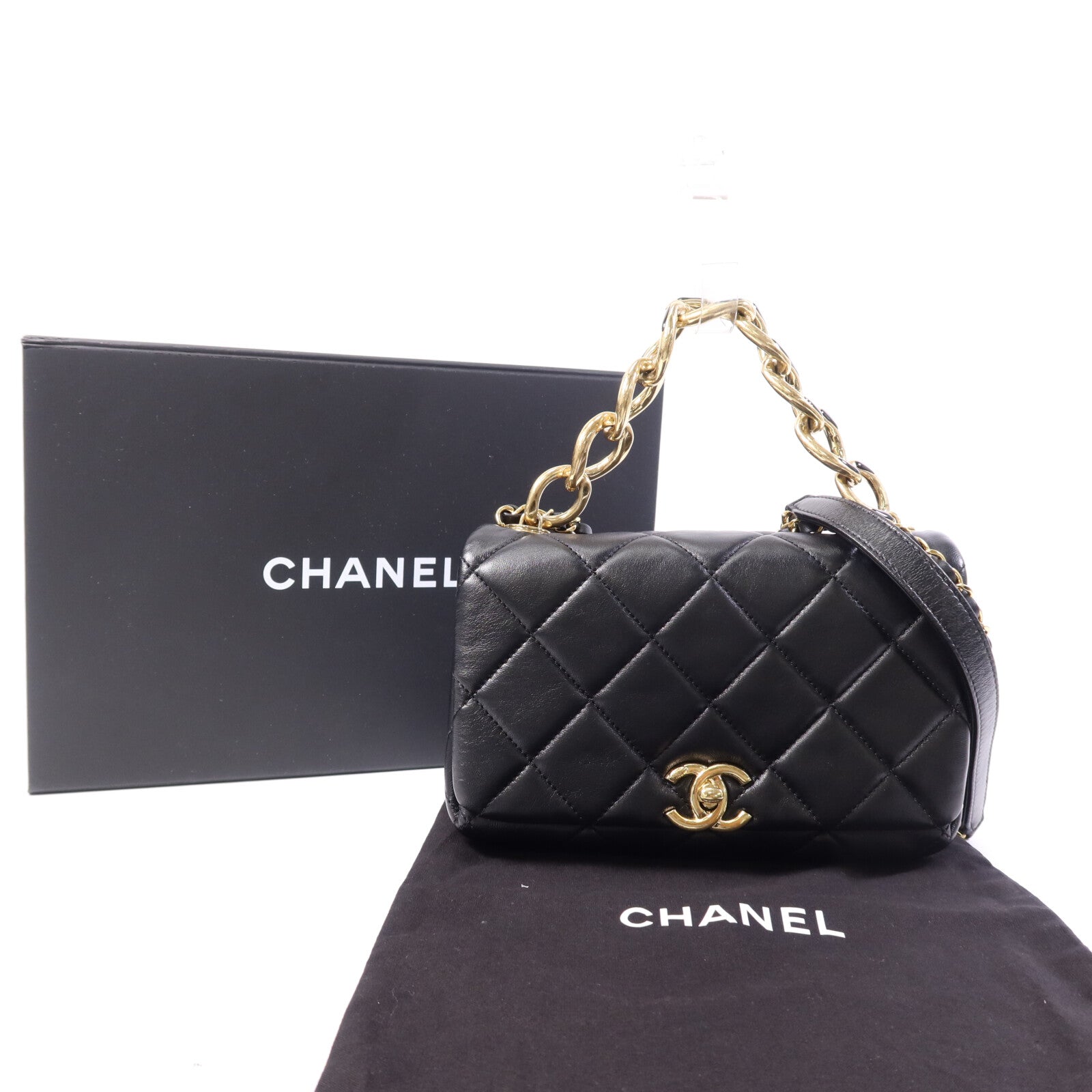 CHANEL 羊皮皮革Chain Shoulder Bag金扣鏈帶手挽肩背兩用袋
