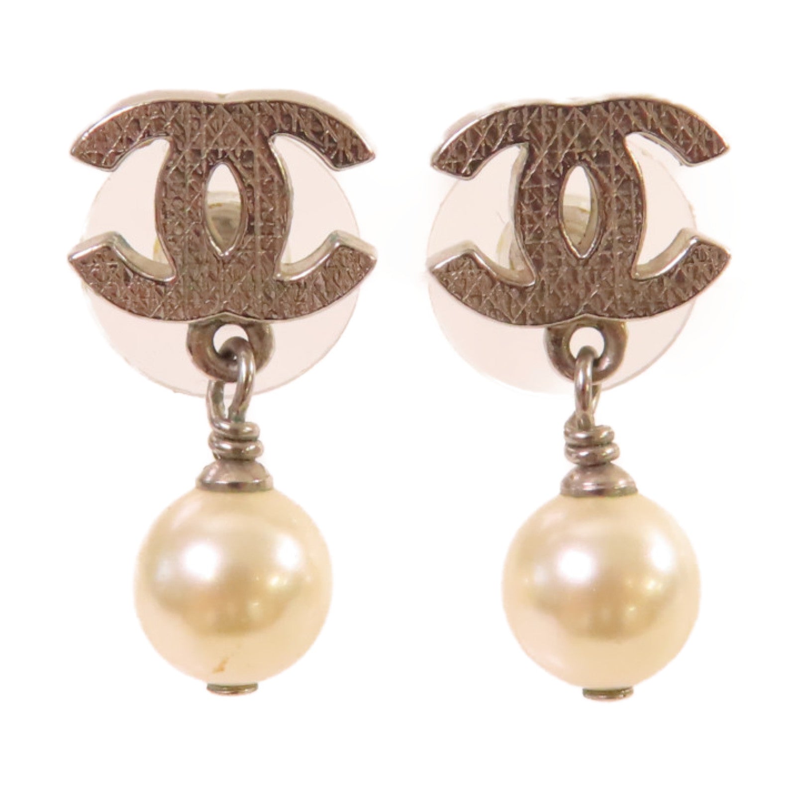 CHANEL 金屬/仿珍珠CC Drop Earrings耳環銀色/珍珠色