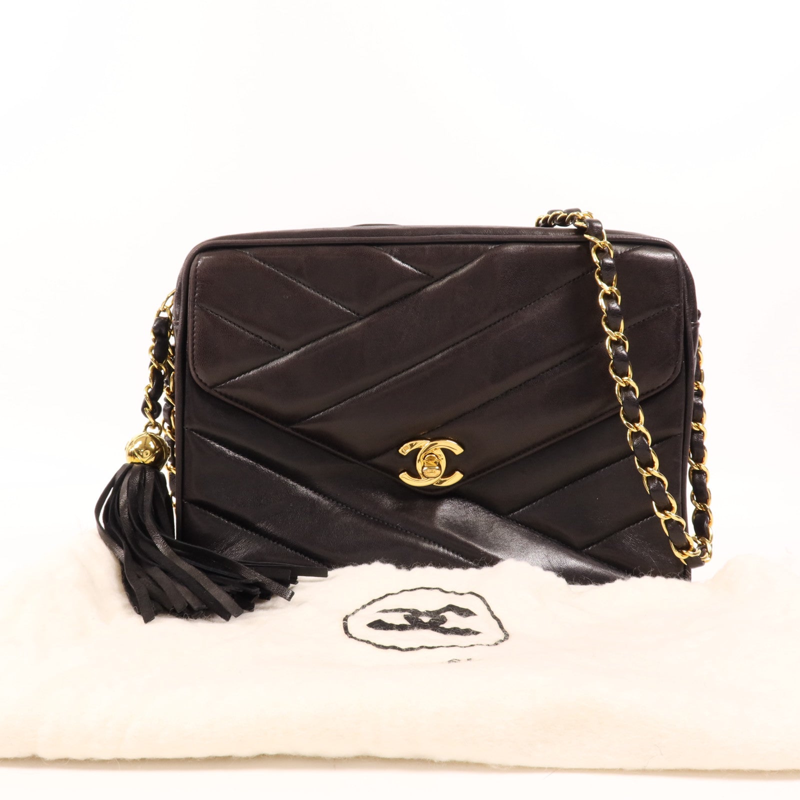 CHANEL 羊皮皮革Vintage Chain Shoulder金扣鏈帶肩背袋