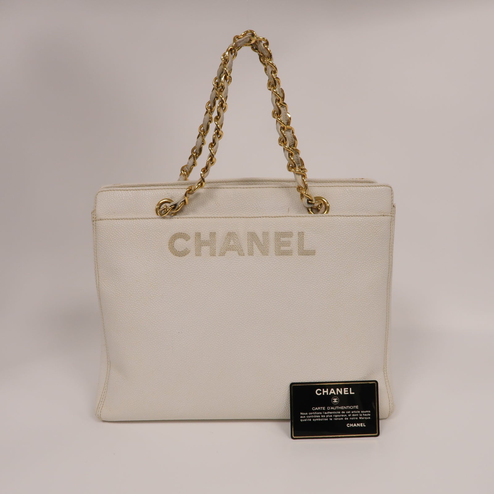 CHANEL **【激減優惠】Caviar皮革Handbag金扣手挽袋白色