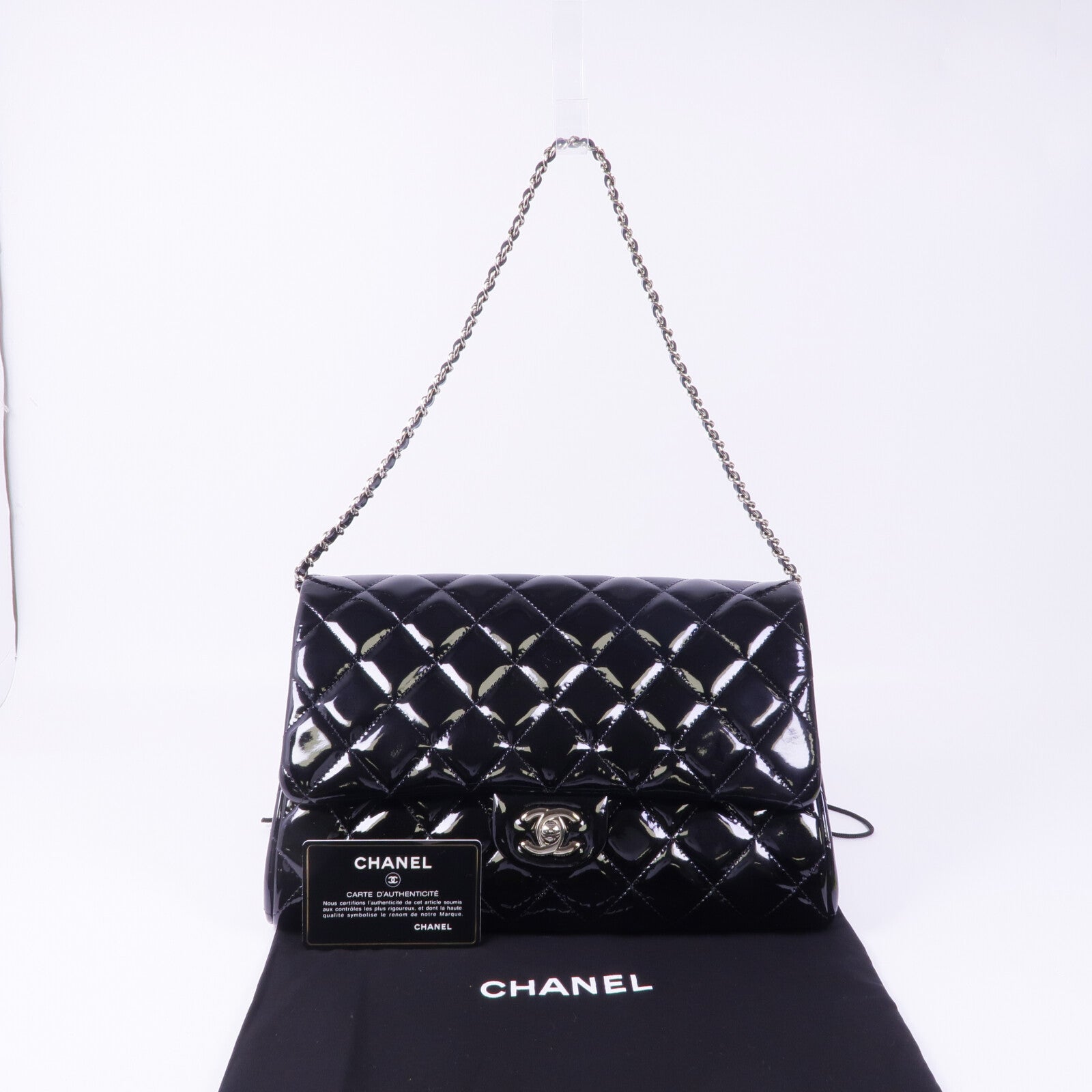 CHANEL 漆皮皮革Chain Shoulder Bag銀扣鏈帶肩背袋