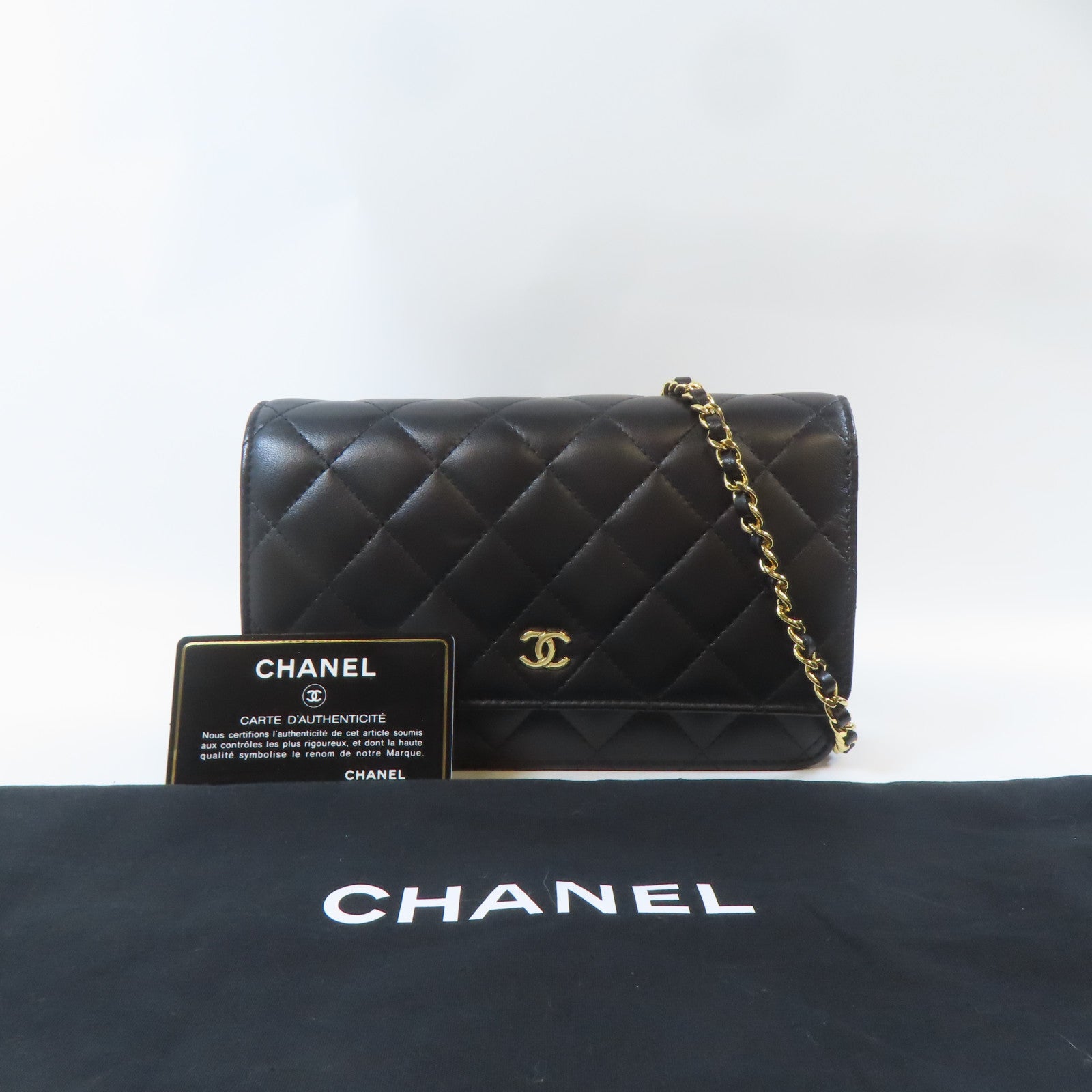 CHANEL 菱格牛皮皮革Wallet On Chain金扣鏈帶肩背袋黑色