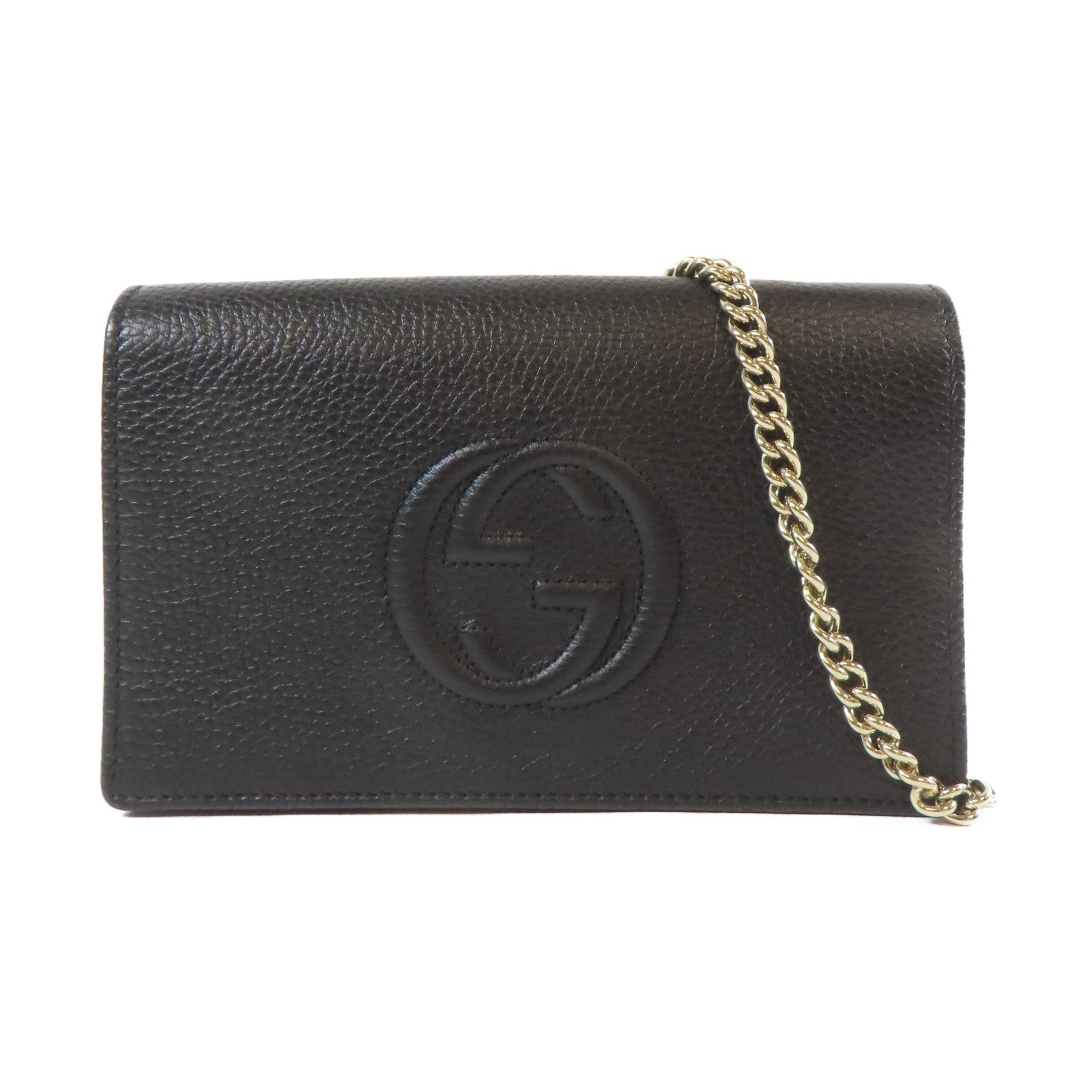 GUCCI 牛皮皮革Wallet Shoulder Bag金扣鏈帶肩背袋黑色