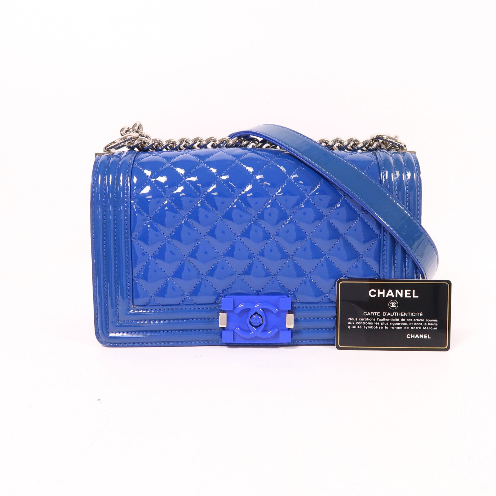 CHANEL 漆皮皮革Boy 25銀扣鏈帶肩背袋