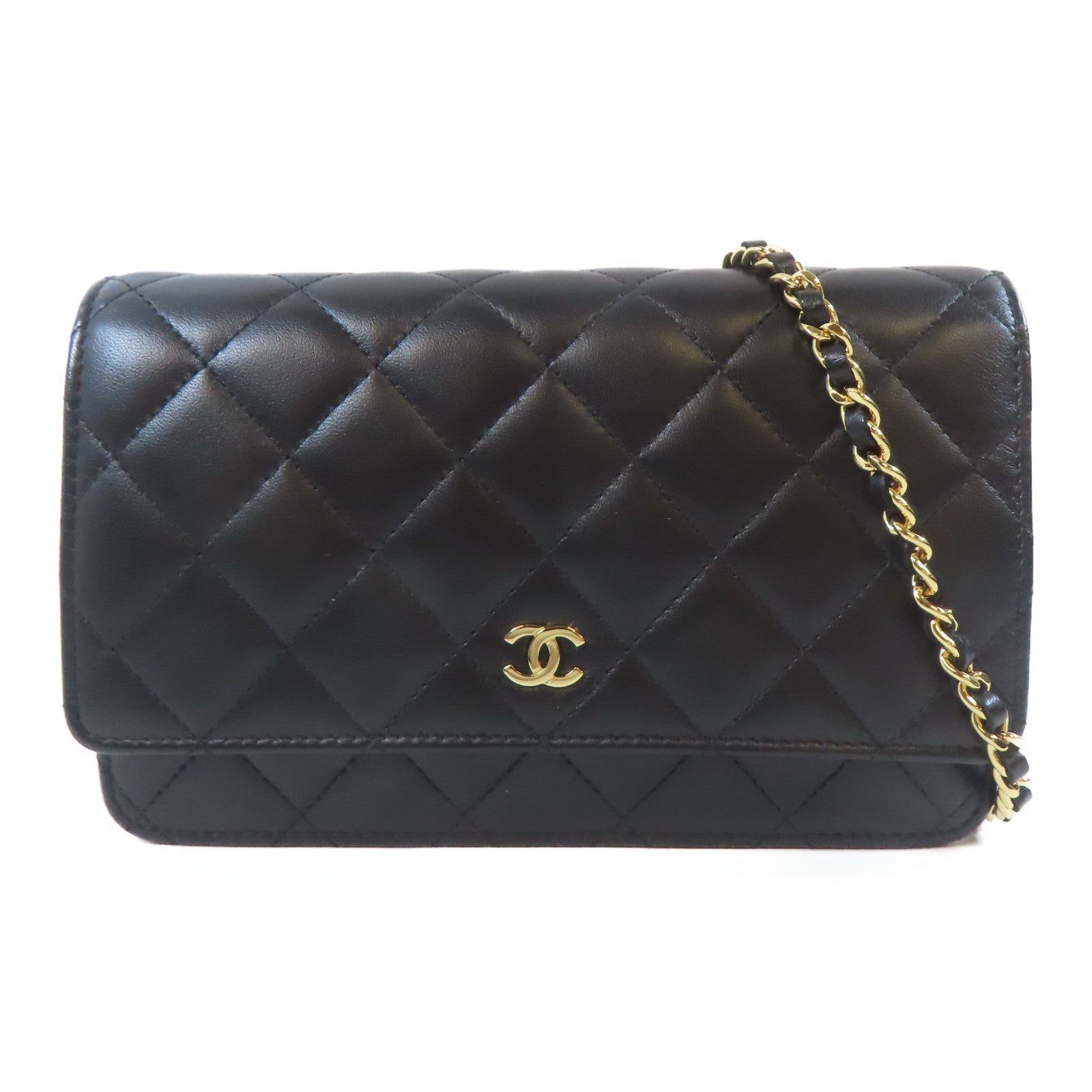CHANEL 菱格牛皮皮革Wallet On Chain金扣鏈帶肩背袋黑色