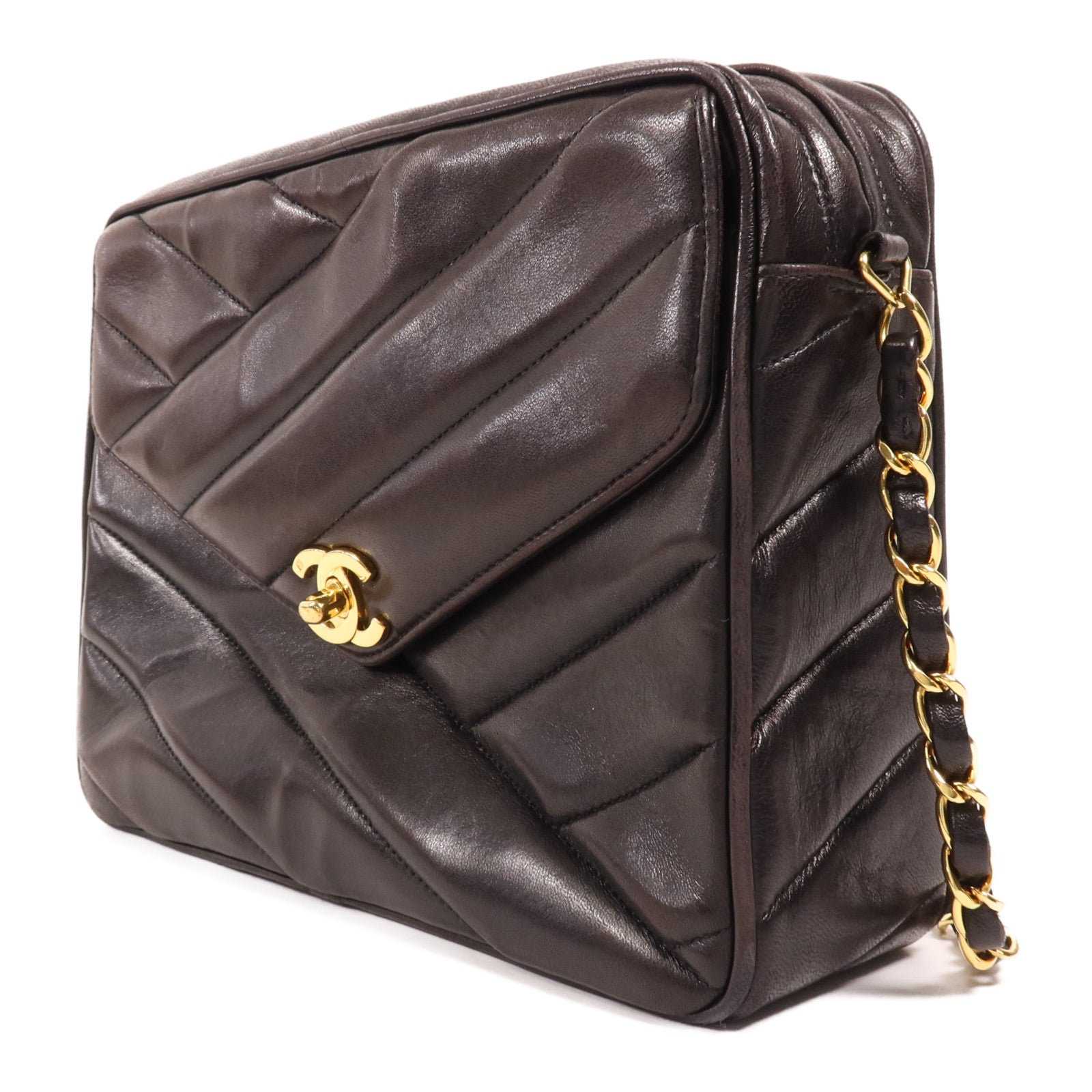 CHANEL 羊皮皮革Vintage Chain Shoulder金扣鏈帶肩背袋