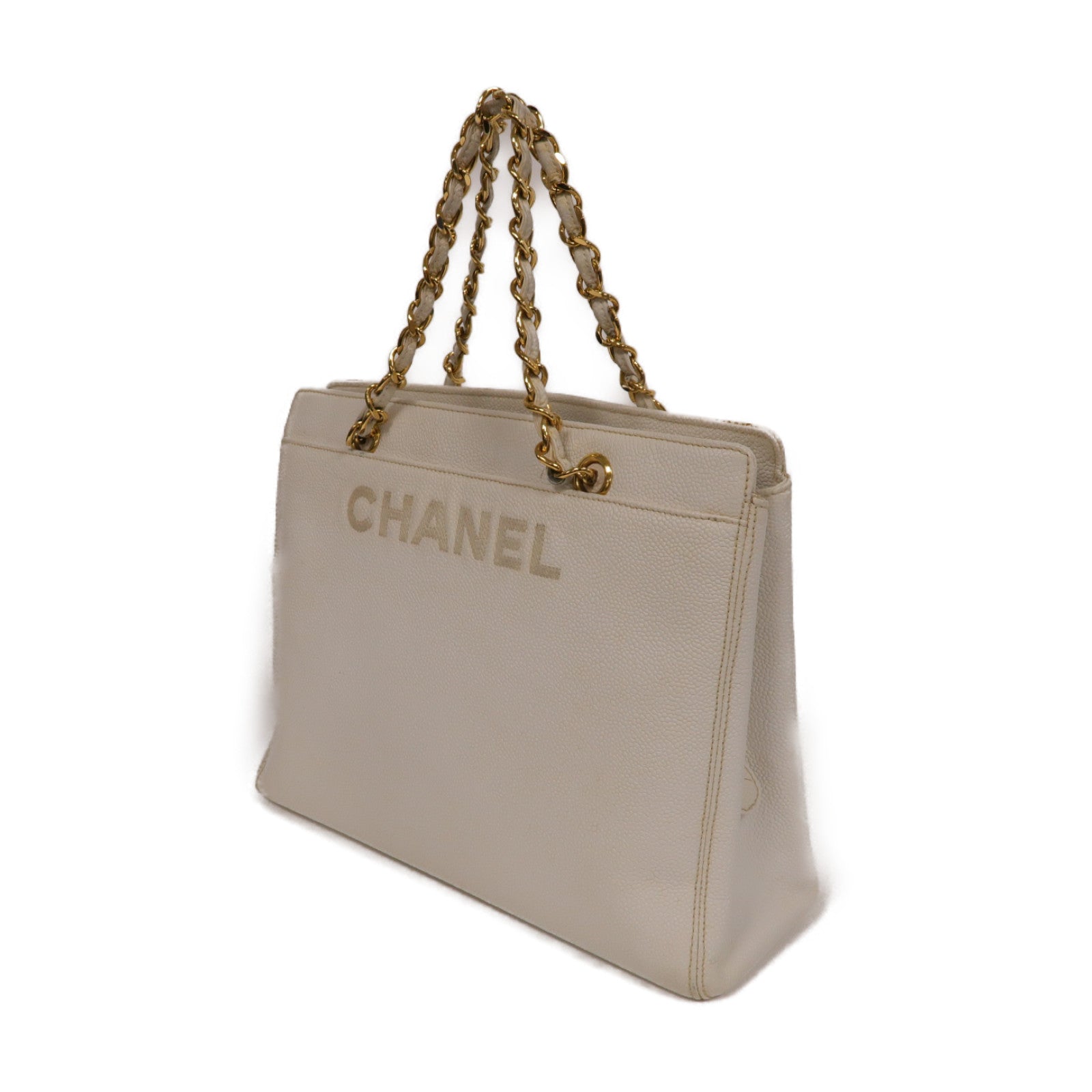 CHANEL **【激減優惠】Caviar皮革Handbag金扣手挽袋白色