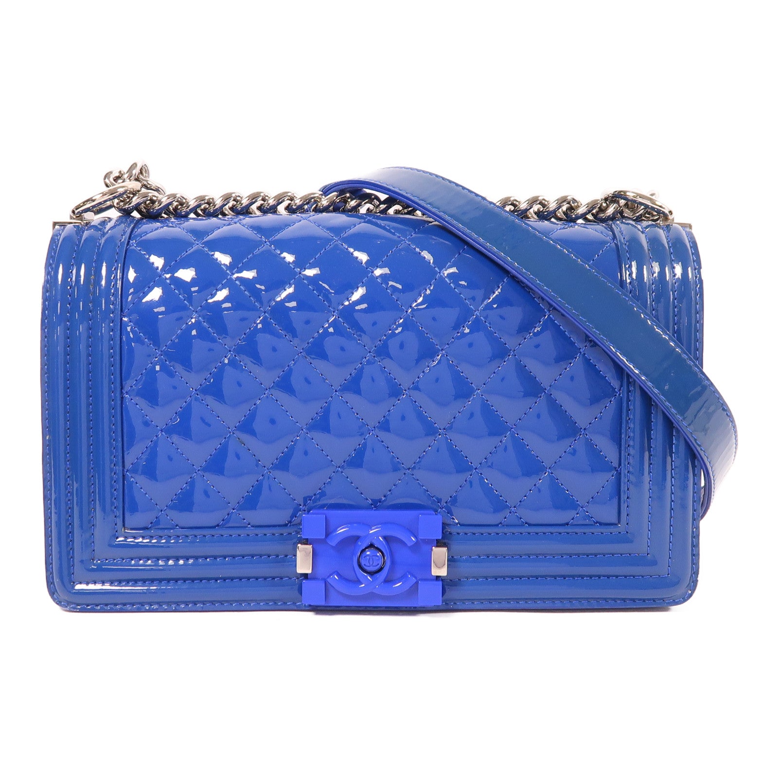 CHANEL CC SHW Boy 25 Chain Shoulder Bag Patent Leather Blue