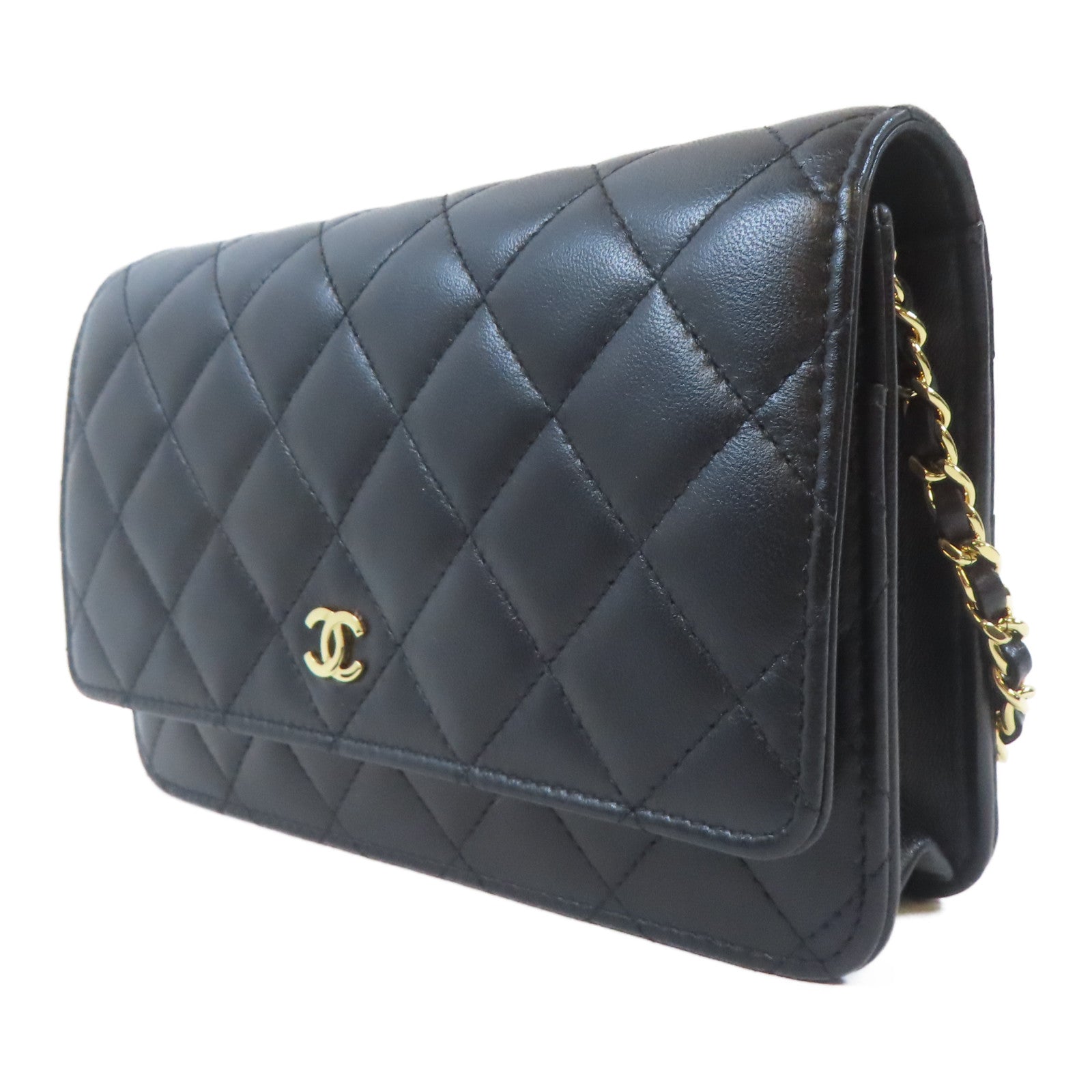 CHANEL 菱格牛皮皮革Wallet On Chain金扣鏈帶肩背袋黑色