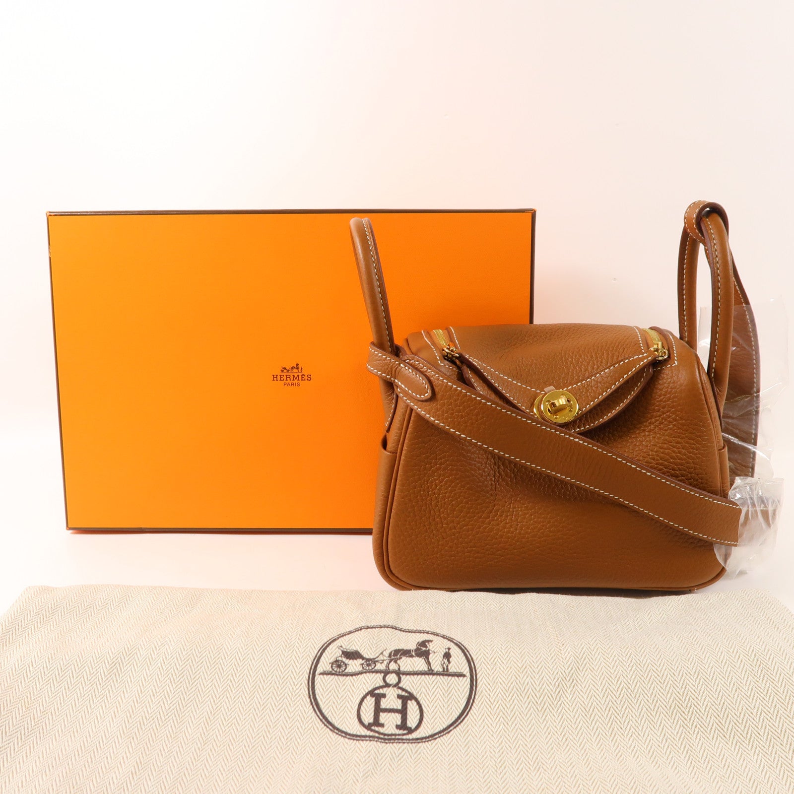 HERMES Clemence皮革Mini Lindy金扣手挽肩背兩用袋Gold
