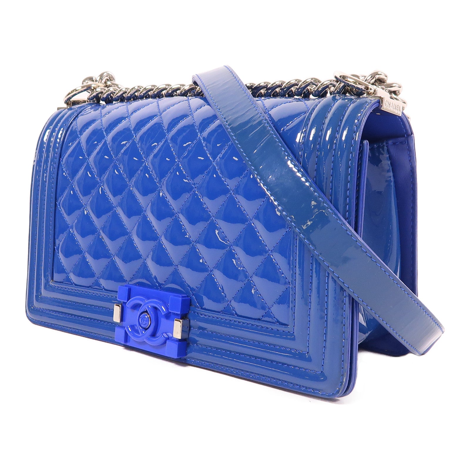 CHANEL CC SHW Boy 25 Chain Shoulder Bag Patent Leather Blue