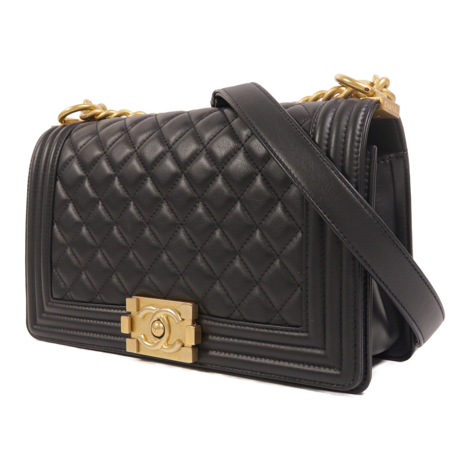 CHANEL 羊皮皮革Boy 25金扣鏈帶肩背袋