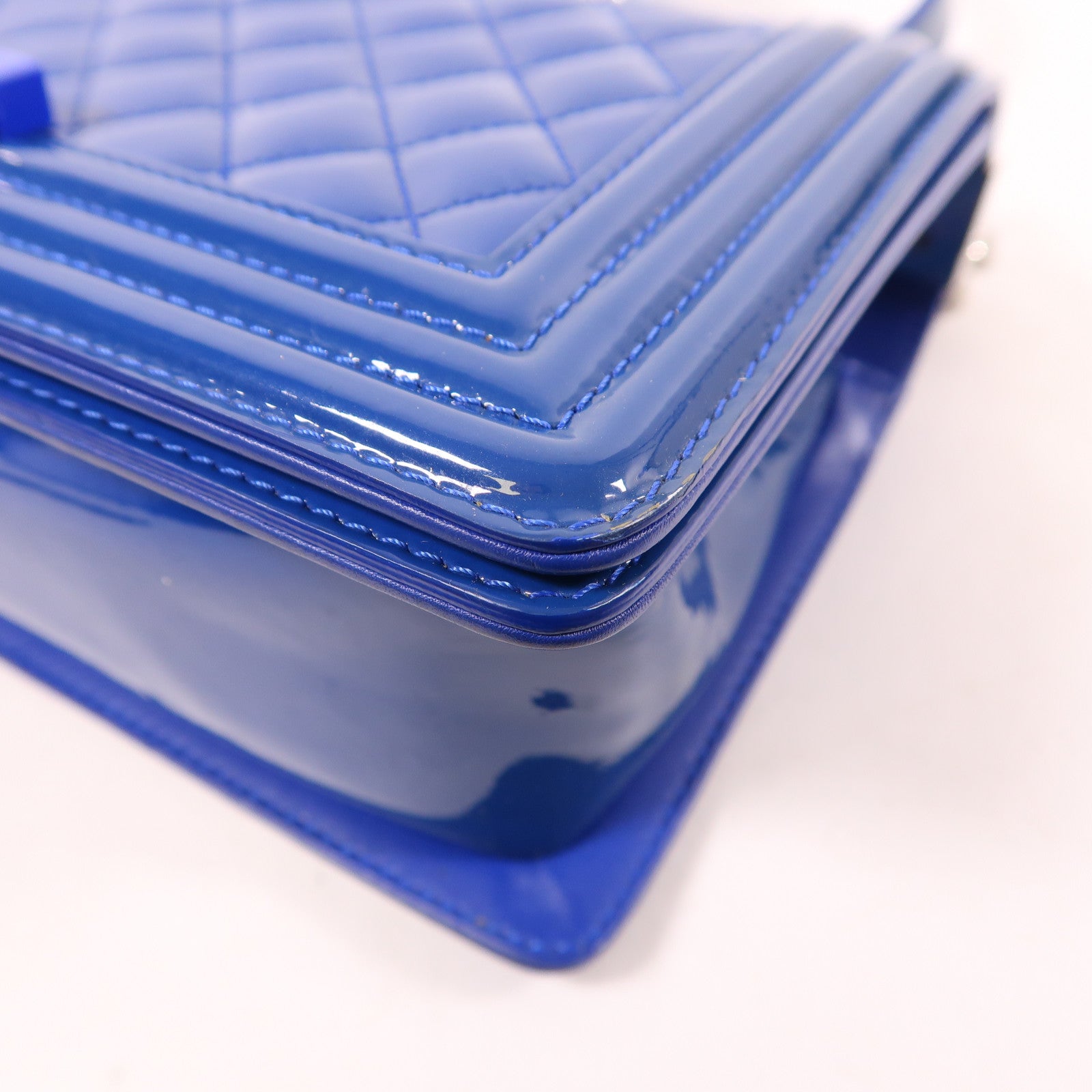 CHANEL CC SHW Boy 25 Chain Shoulder Bag Patent Leather Blue