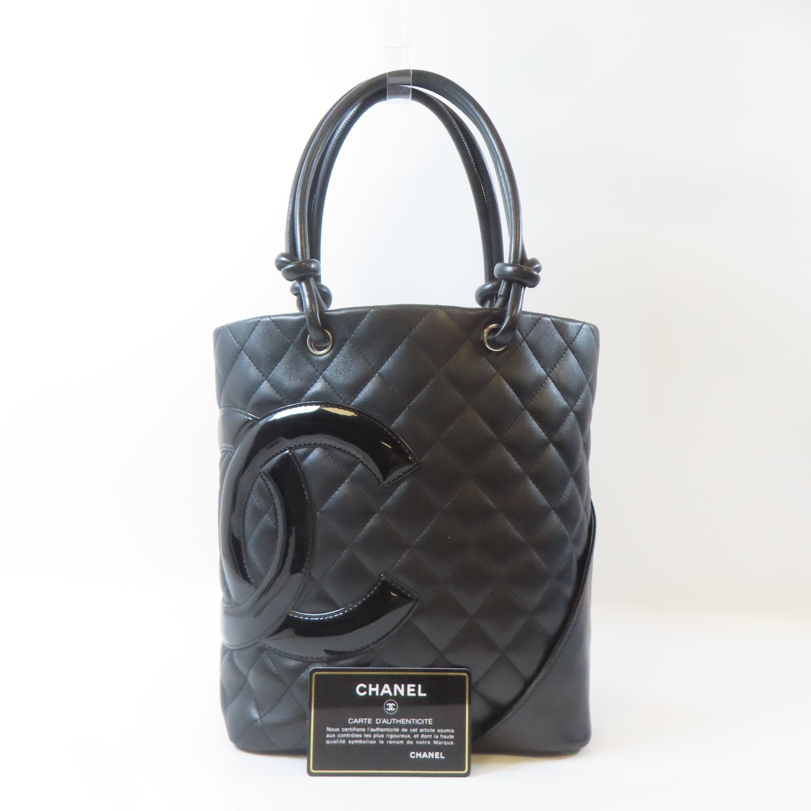 CHANEL 菱格牛皮皮革Cambon Tote銀扣手挽袋黑色