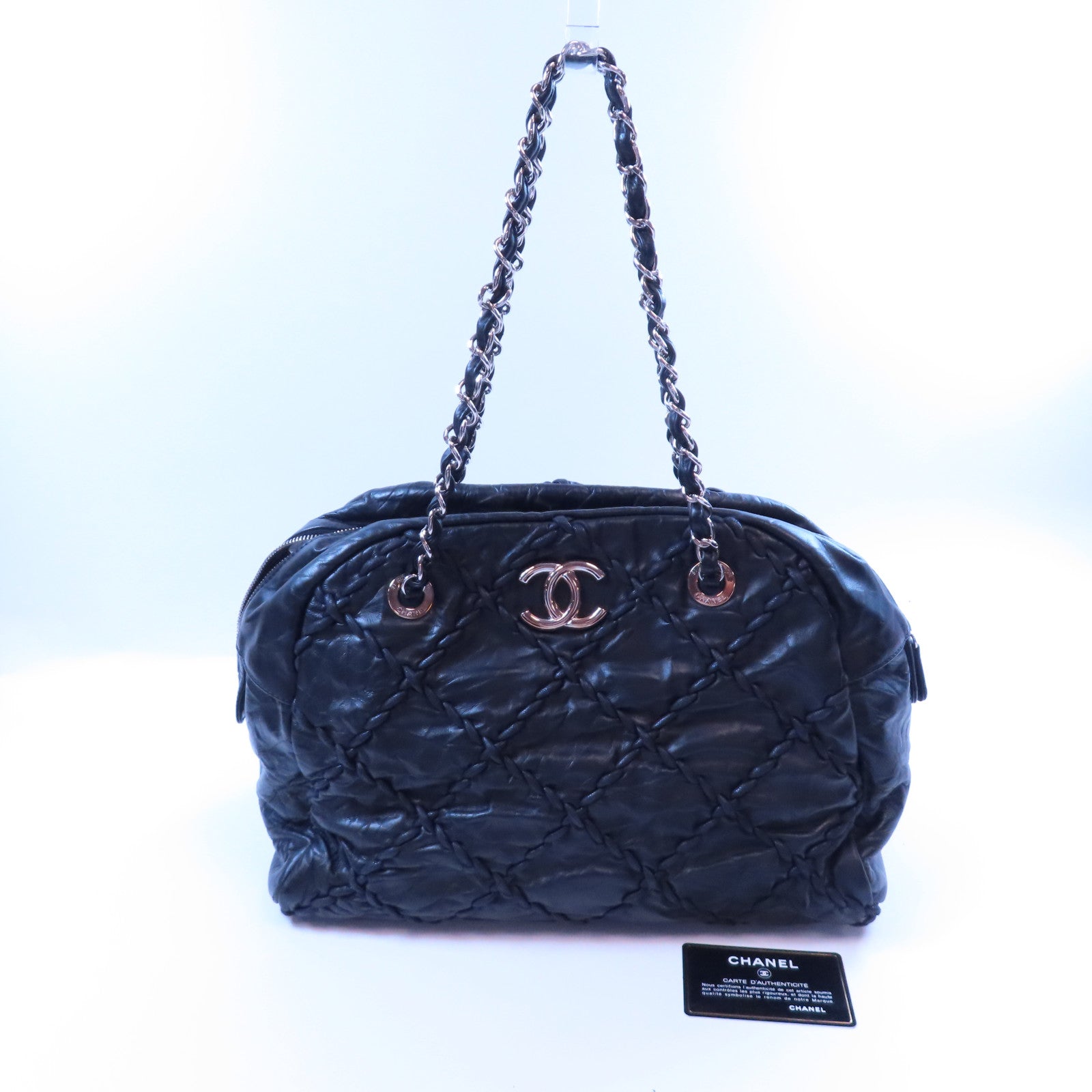 CHANEL 牛皮皮革Shoulder Bag金扣鏈帶肩背袋黑色