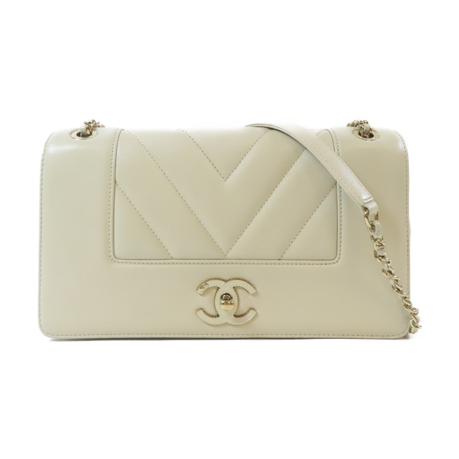 CHANEL 羊皮皮革Chain Shoulder金扣肩背袋米色