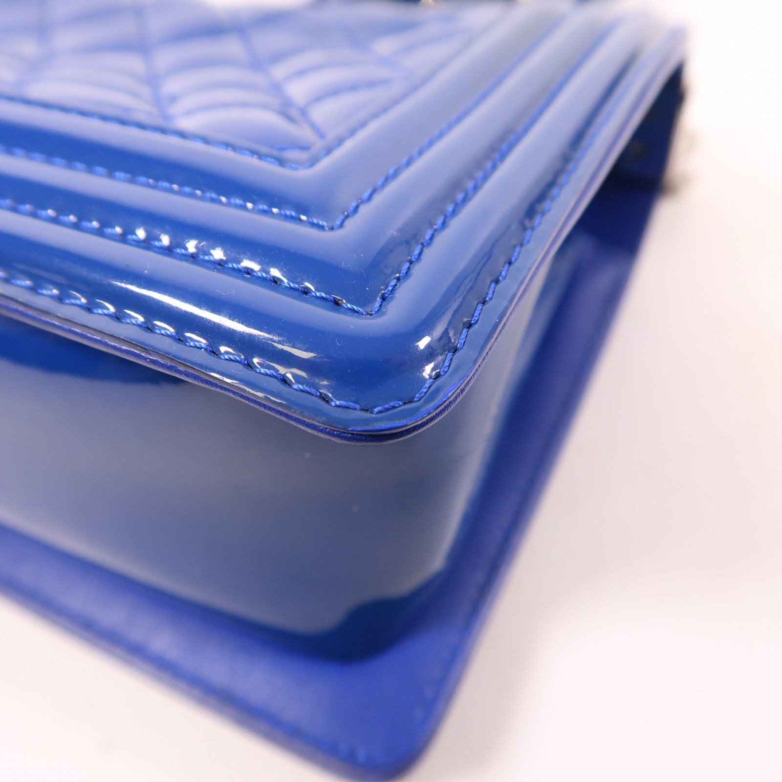 CHANEL CC SHW Boy 25 Chain Shoulder Bag Patent Leather Blue