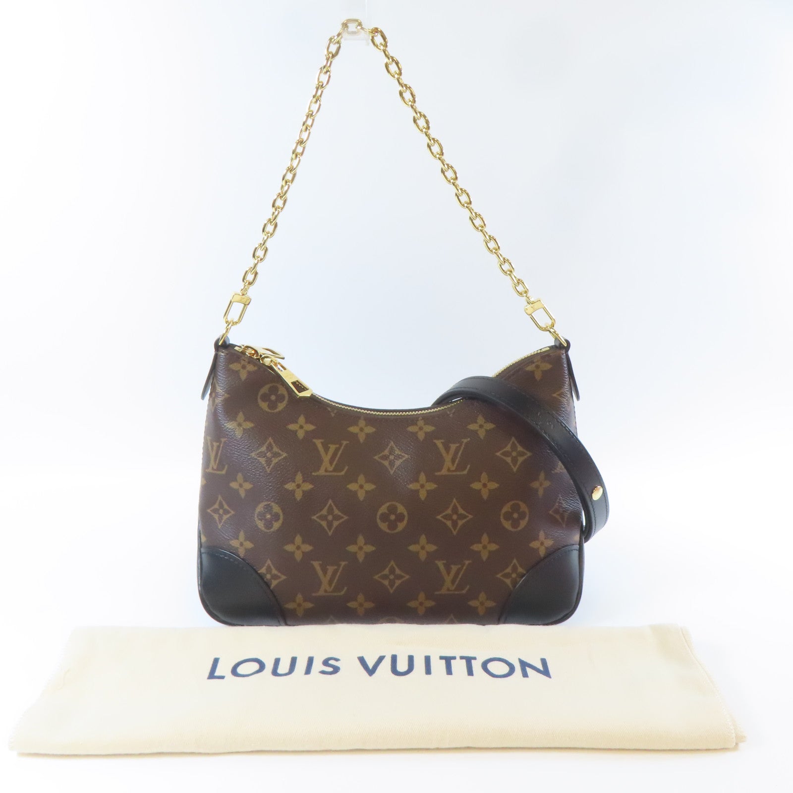 LOUIS VUITTON Monogram Macassar Boulogne金扣鏈帶肩背袋啡色