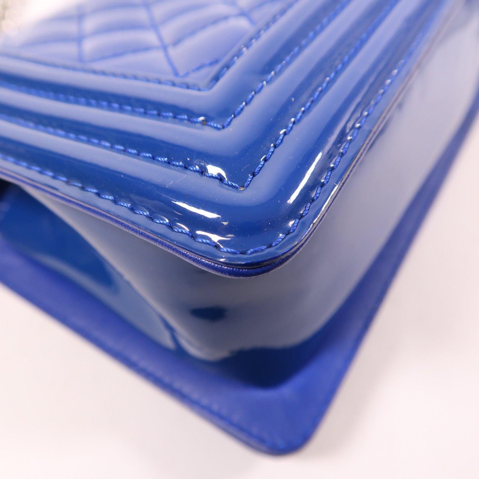 CHANEL CC SHW Boy 25 Chain Shoulder Bag Patent Leather Blue