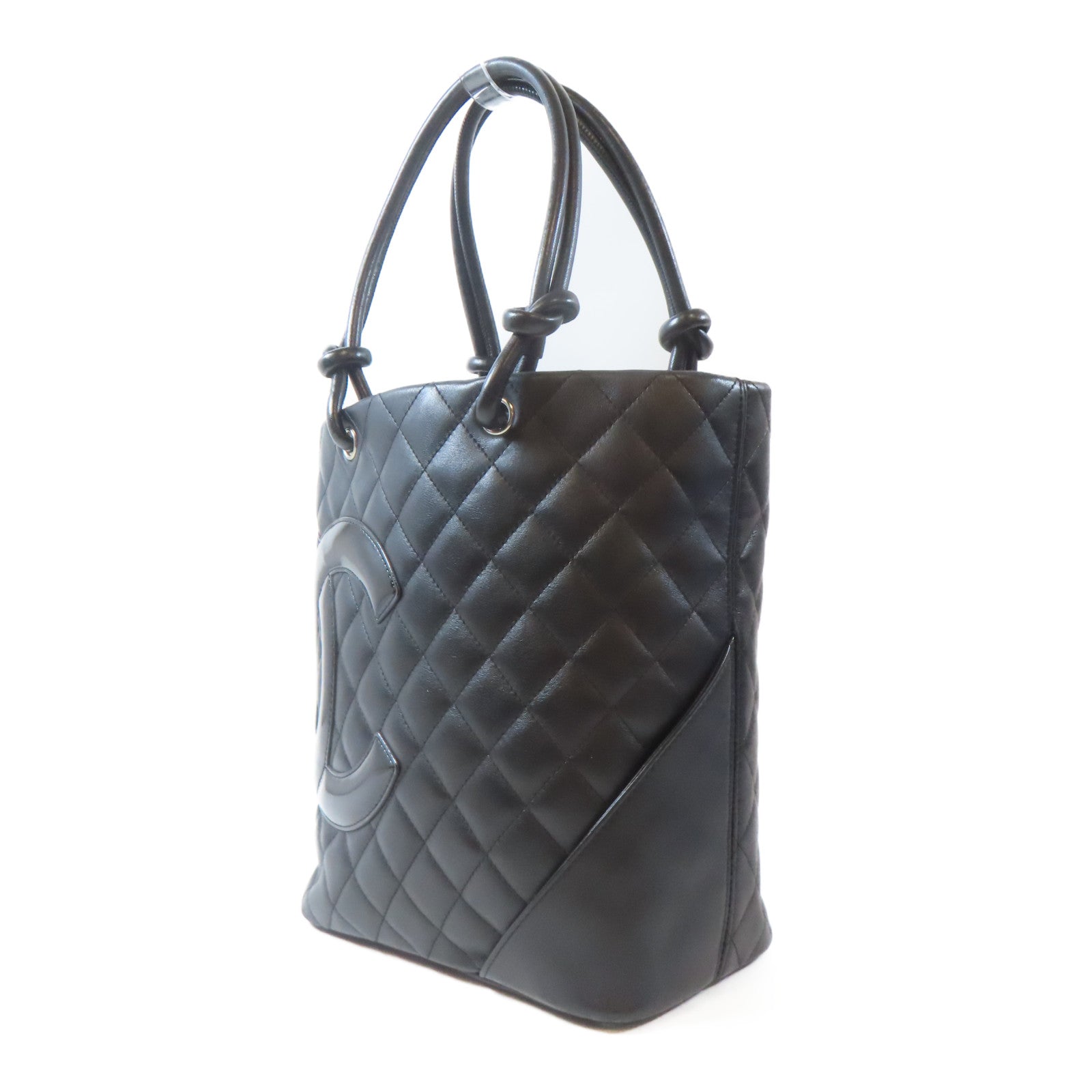 CHANEL 菱格牛皮皮革Cambon Tote銀扣手挽袋黑色
