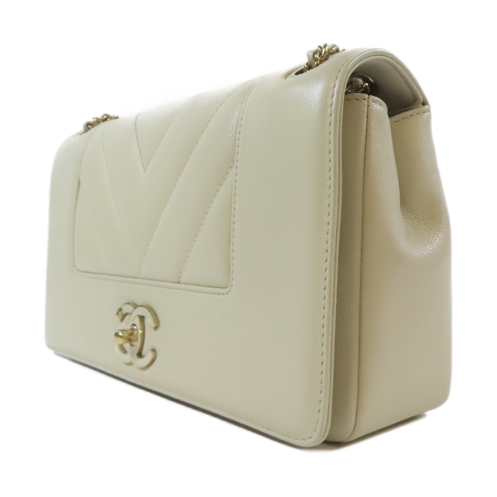 CHANEL 羊皮皮革Chain Shoulder金扣肩背袋米色