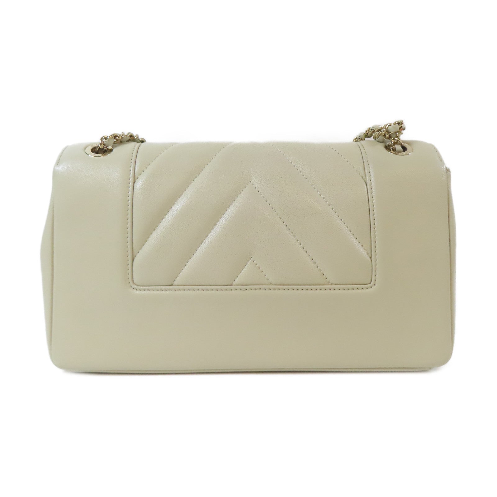 CHANEL 羊皮皮革Chain Shoulder金扣肩背袋米色