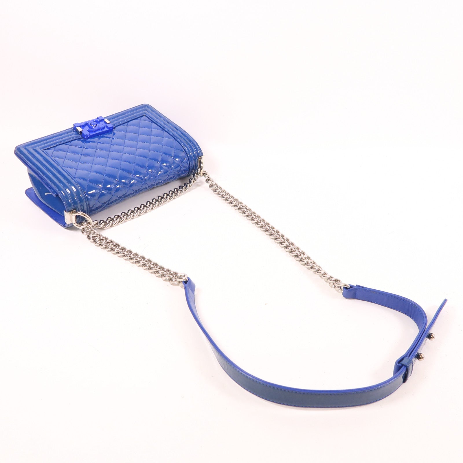 CHANEL CC SHW Boy 25 Chain Shoulder Bag Patent Leather Blue