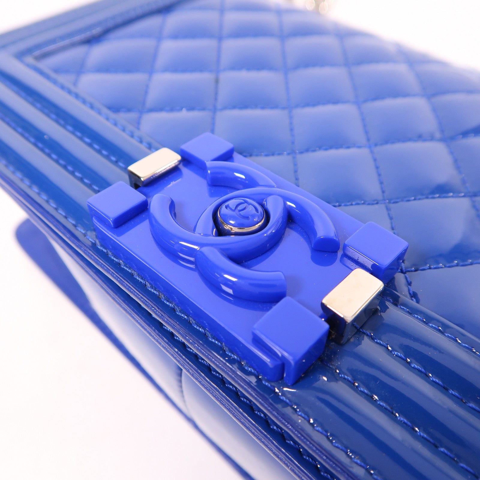 CHANEL CC SHW Boy 25 Chain Shoulder Bag Patent Leather Blue