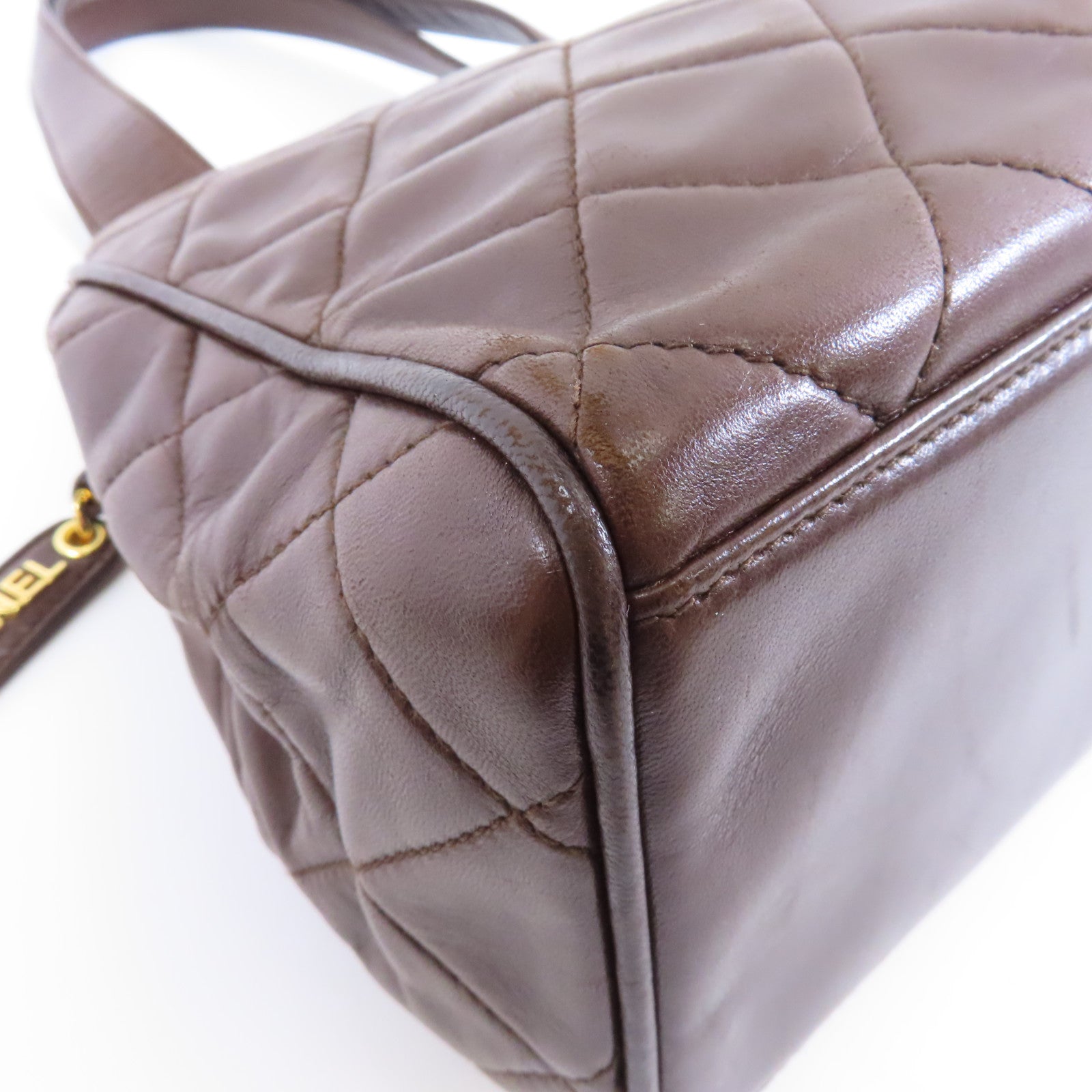 CHANEL 菱格羊皮皮革Vintage Handbag金扣手挽袋啡色