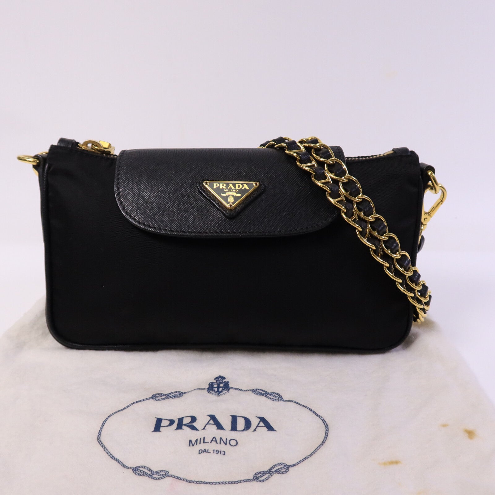 PRADA 皮革/尼龍Shoulder Bag鏈帶肩背袋