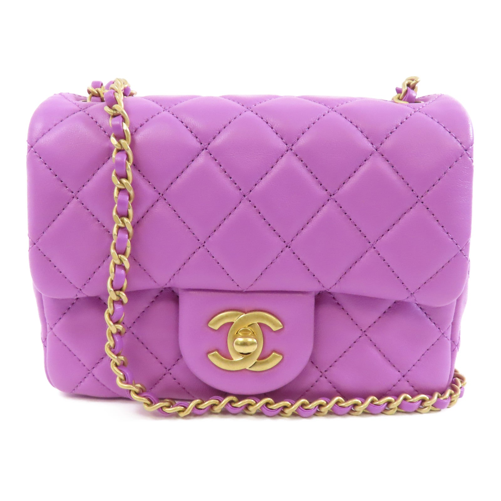 CHANEL 菱格羊皮皮革Classic 17cm金扣鏈帶肩背袋紫色