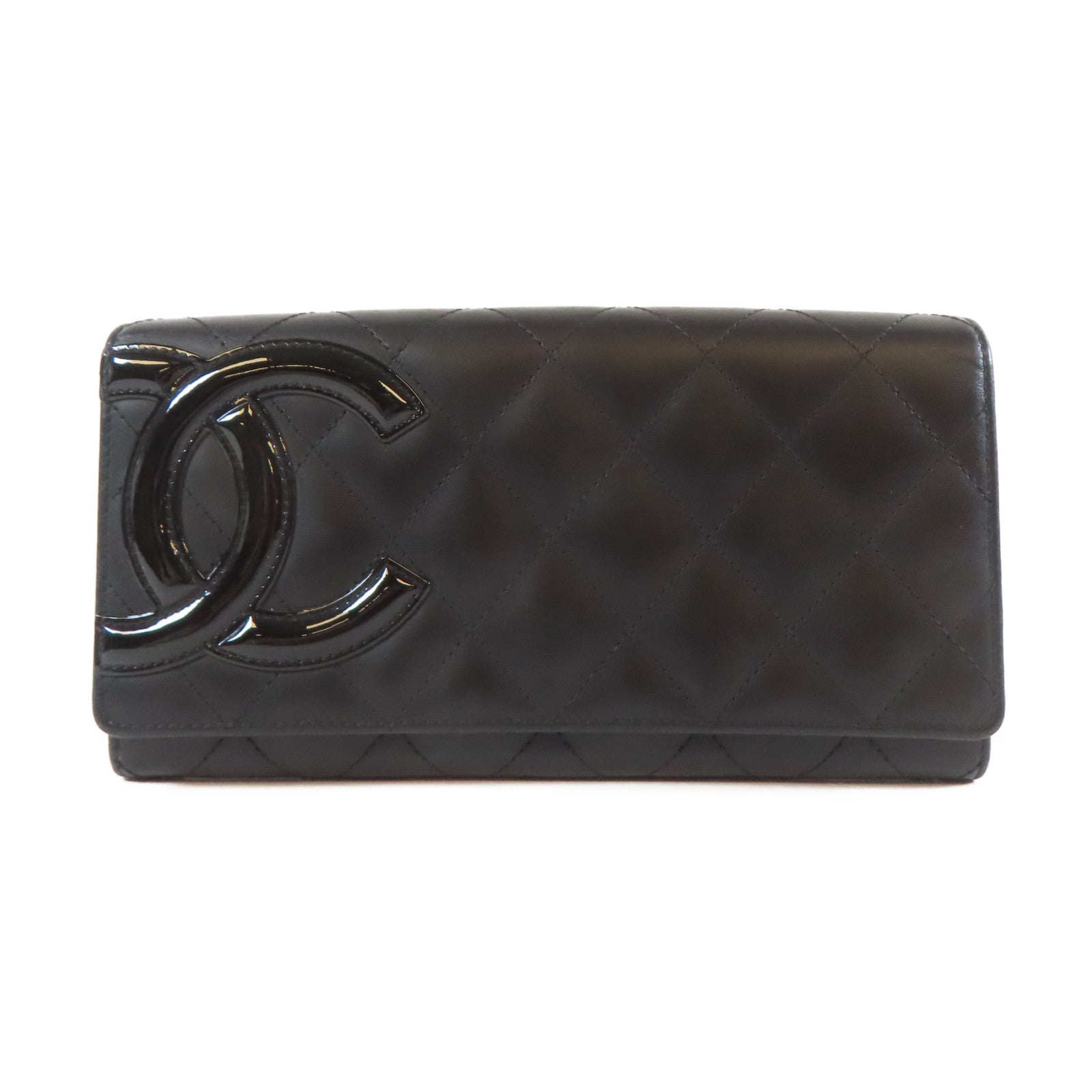 CHANEL 菱格牛皮皮革Cambon Long Wallet銀扣長錢包黑色
