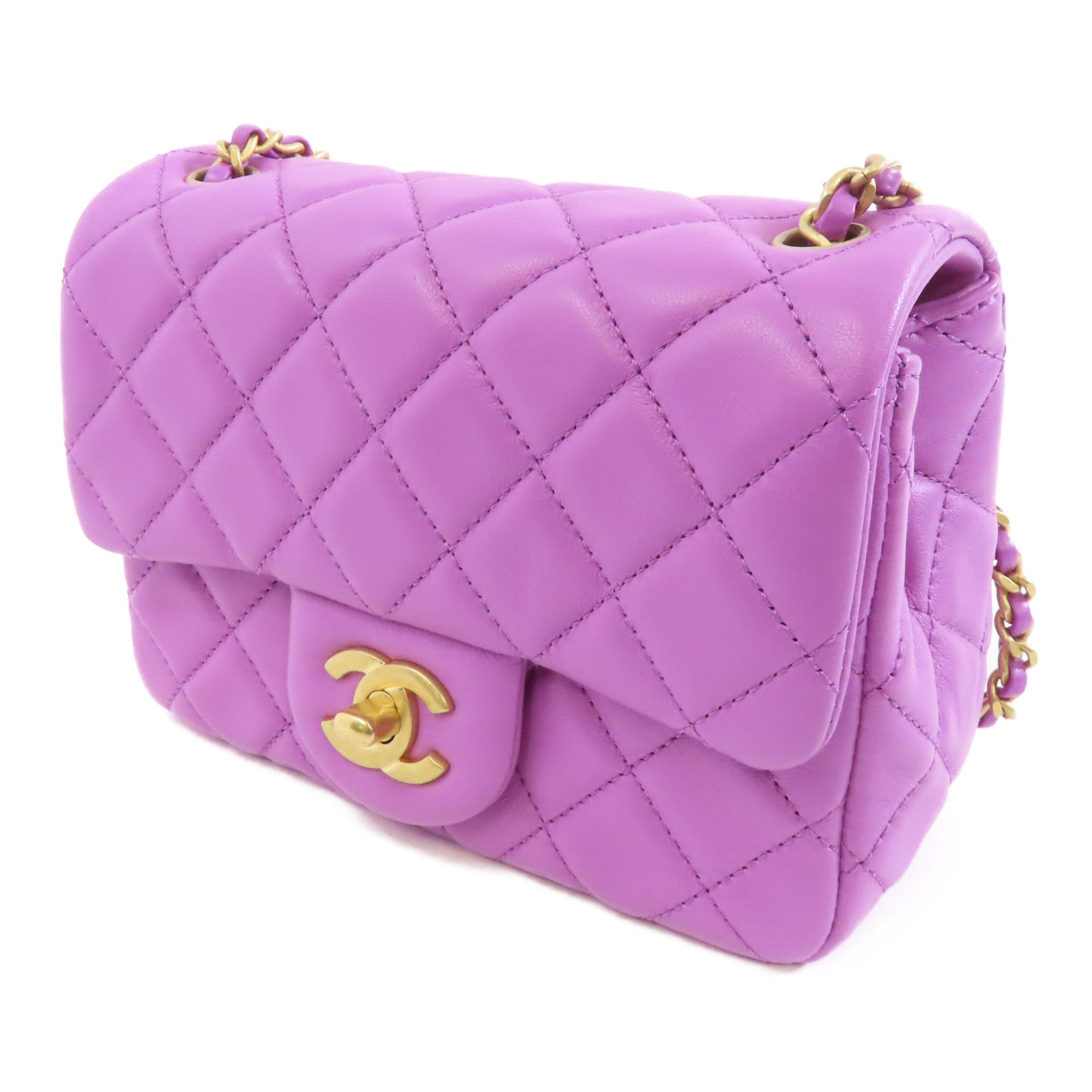 CHANEL 菱格羊皮皮革Classic 17cm金扣鏈帶肩背袋紫色