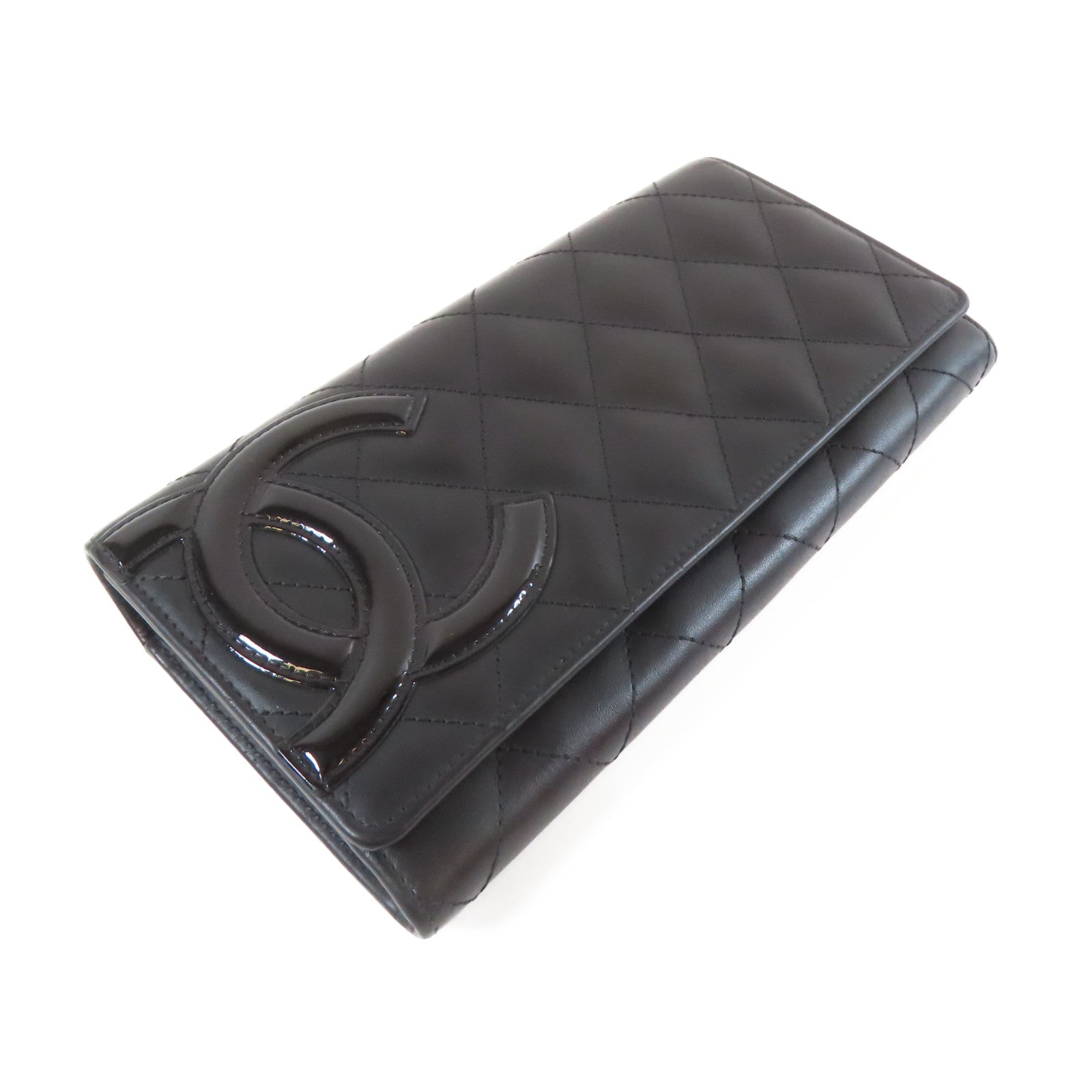 CHANEL 菱格牛皮皮革Cambon Long Wallet銀扣長錢包黑色