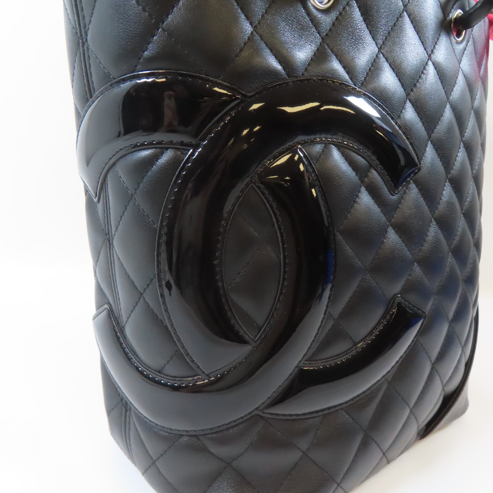 CHANEL 菱格牛皮皮革Cambon Tote銀扣手挽袋黑色