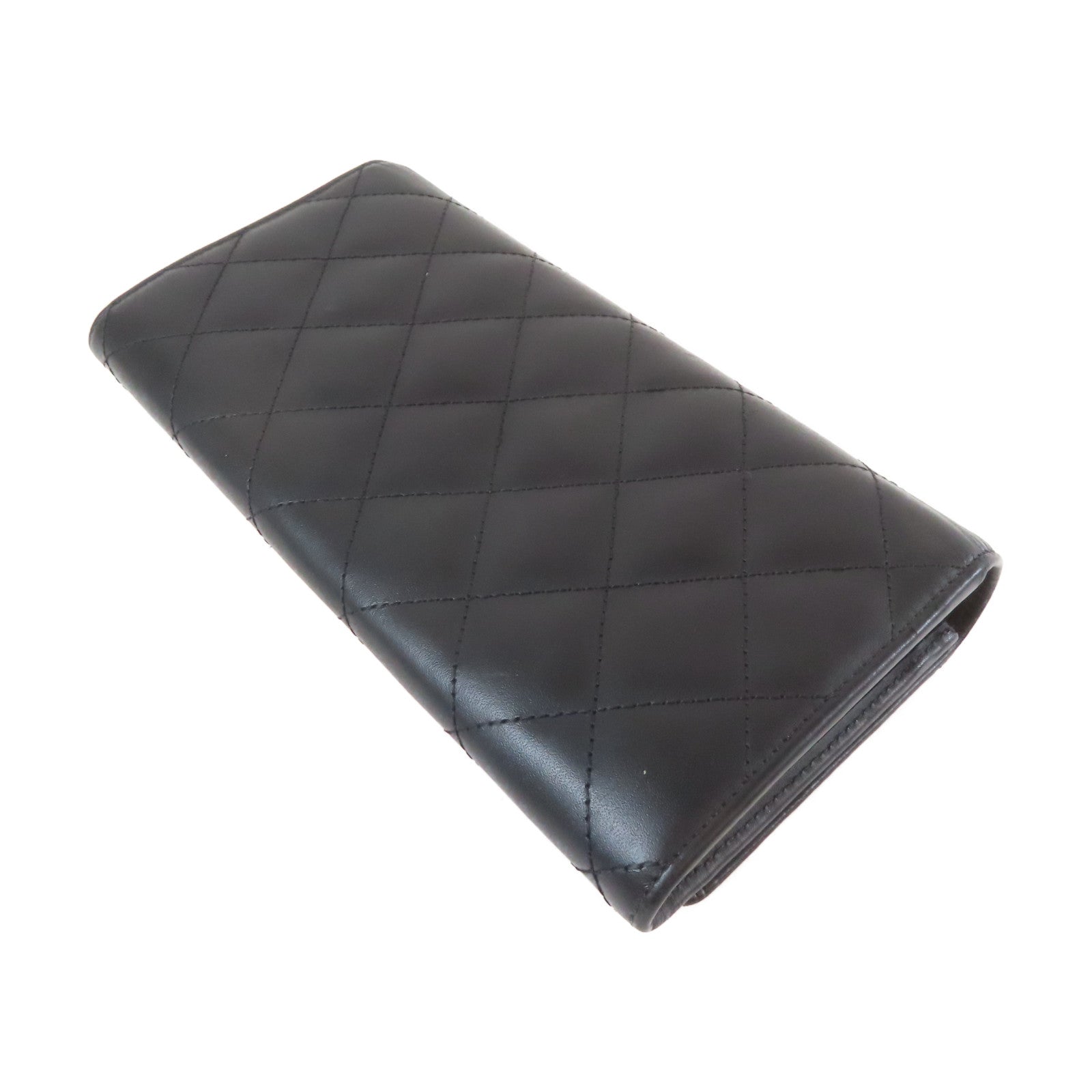 CHANEL 菱格牛皮皮革Cambon Long Wallet銀扣長錢包黑色
