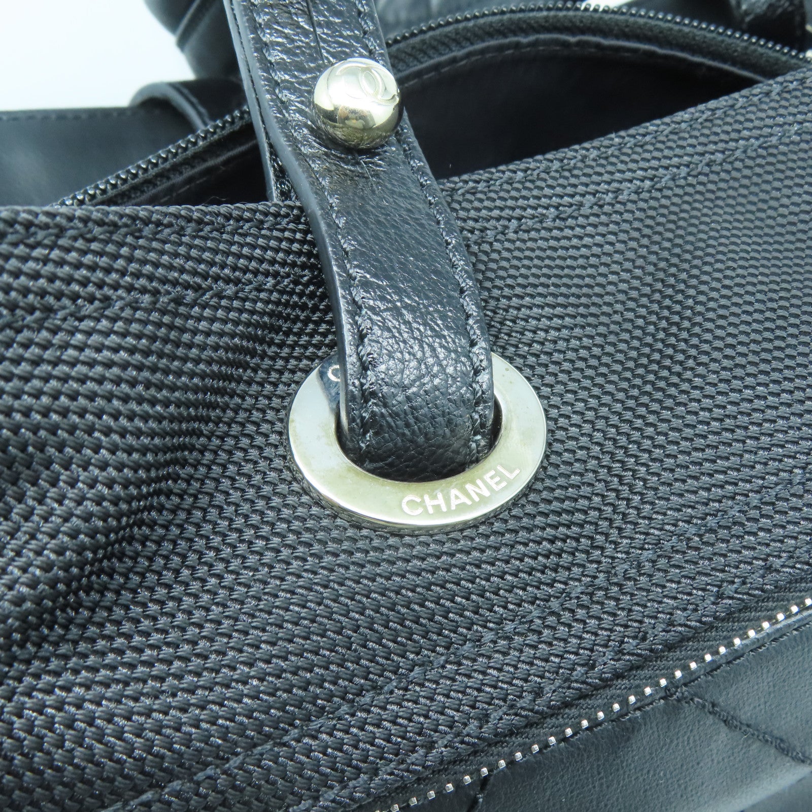 CHANEL 菱格牛皮皮革/帆布Tote Bag銀扣肩背袋黑色