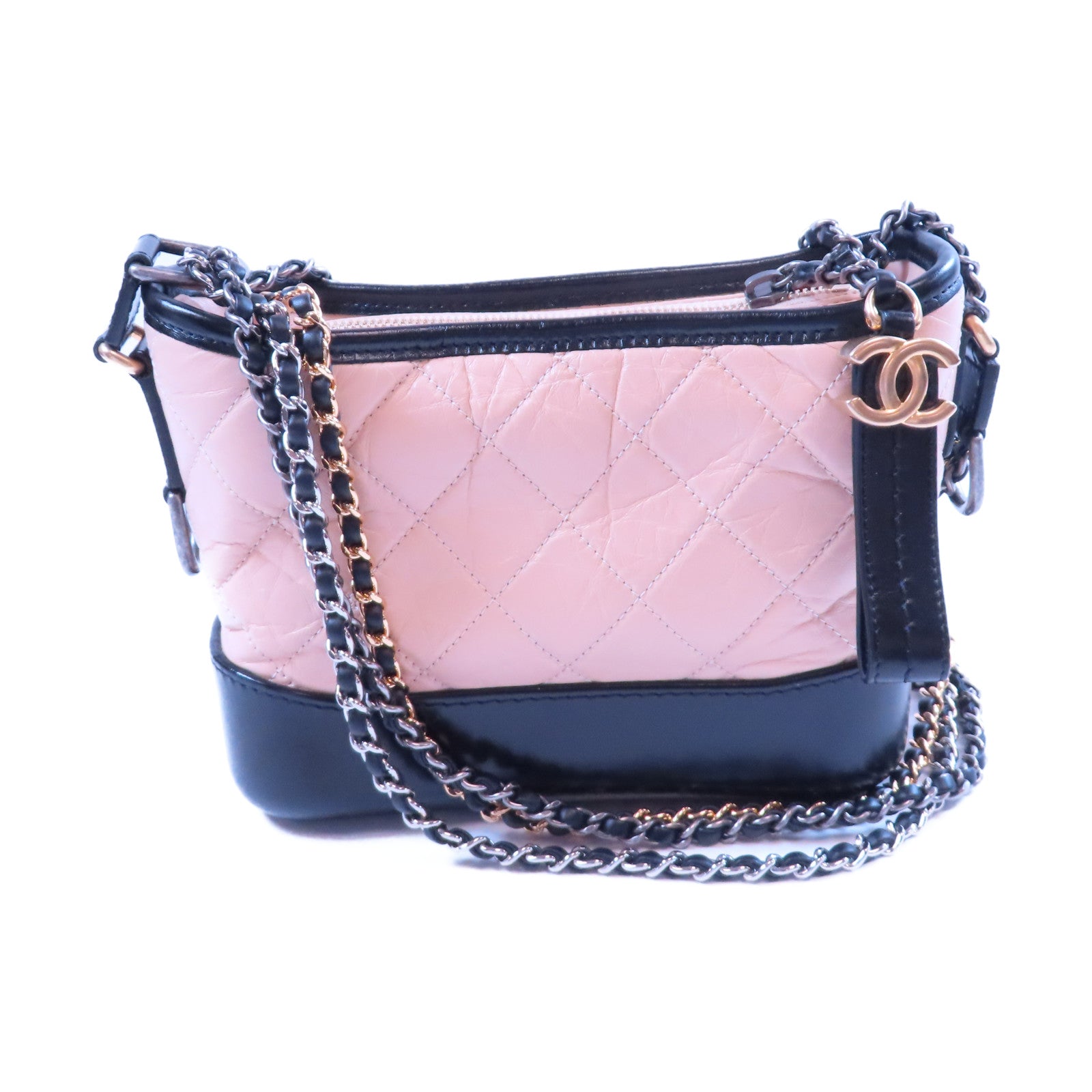 CHANEL 牛皮皮革Small Gabrielle金扣/銀扣鏈帶肩背袋粉紅色/黑色